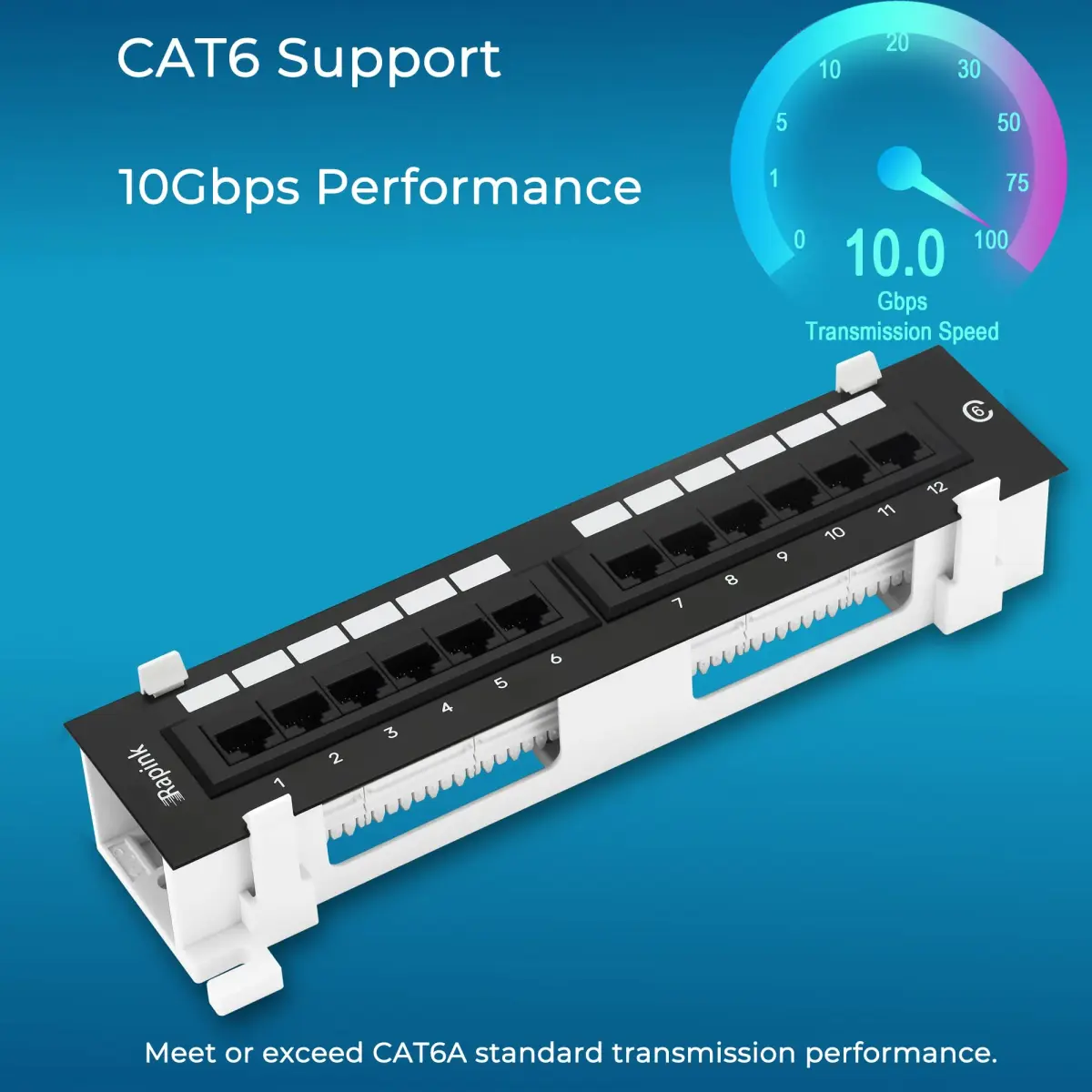 Rapink 12-Port Cat6 Ethernet Patch Panel 10Gbps | 10-Inch Width, Gold-Plated RJ45 - view 2