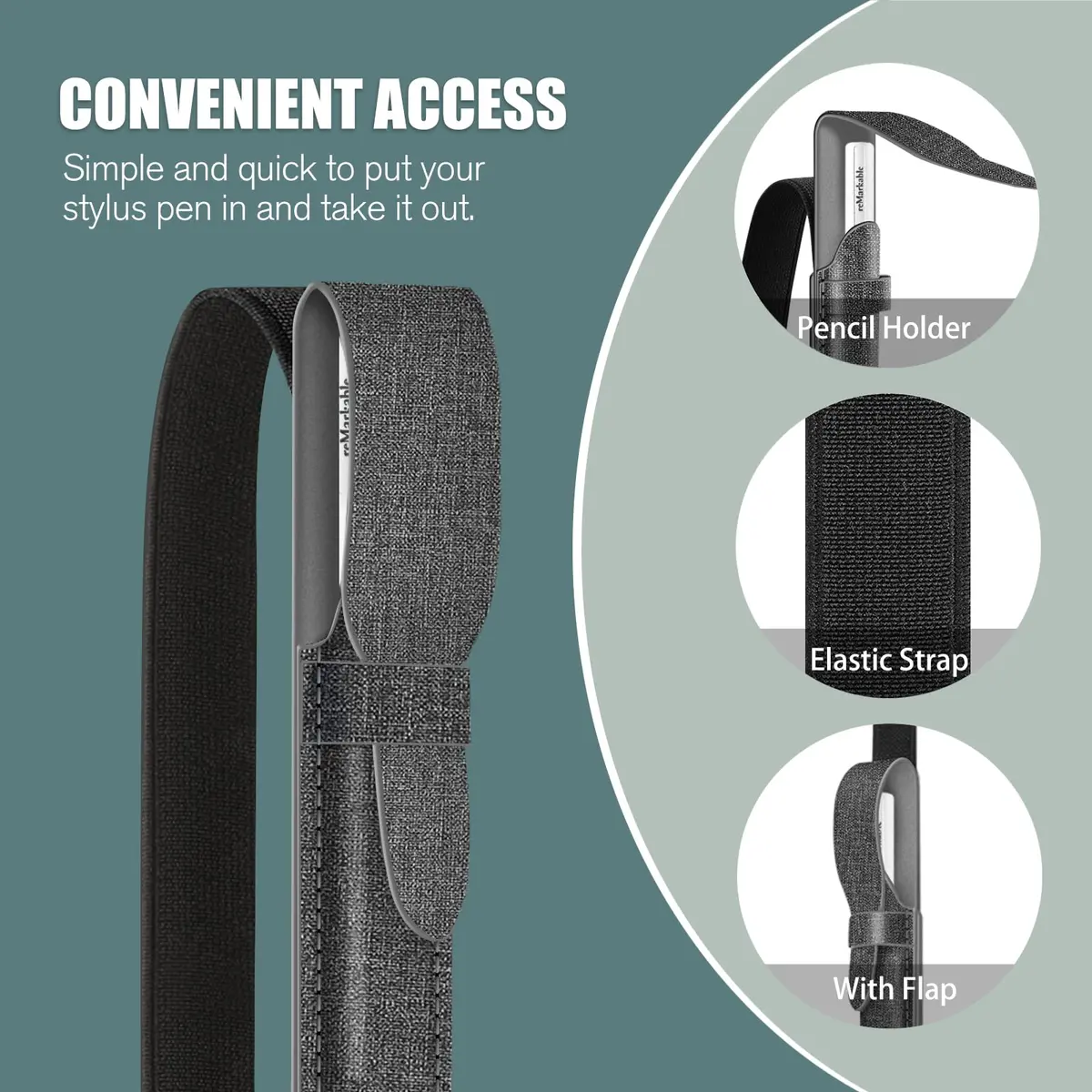 Fintie Grey PU Leather Pencil Holder for reMarkable 2/BOOX/Scribe Pen | Stylus Pouch with Elastic Band Strap - view 2