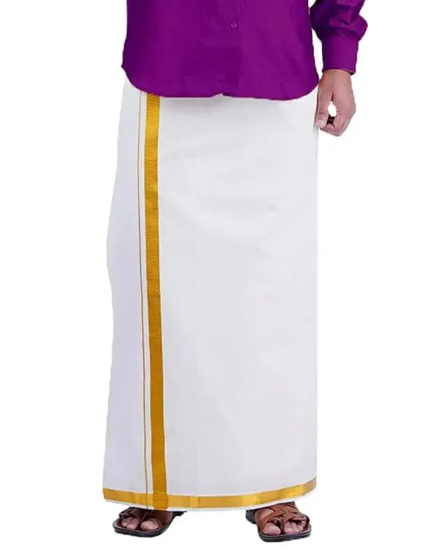 PRAKASAM COTTON Ready Made Dhoti with Pocket & Gold Jari Trim, 100% Cotton, White, 48 (122cm) - view 4
