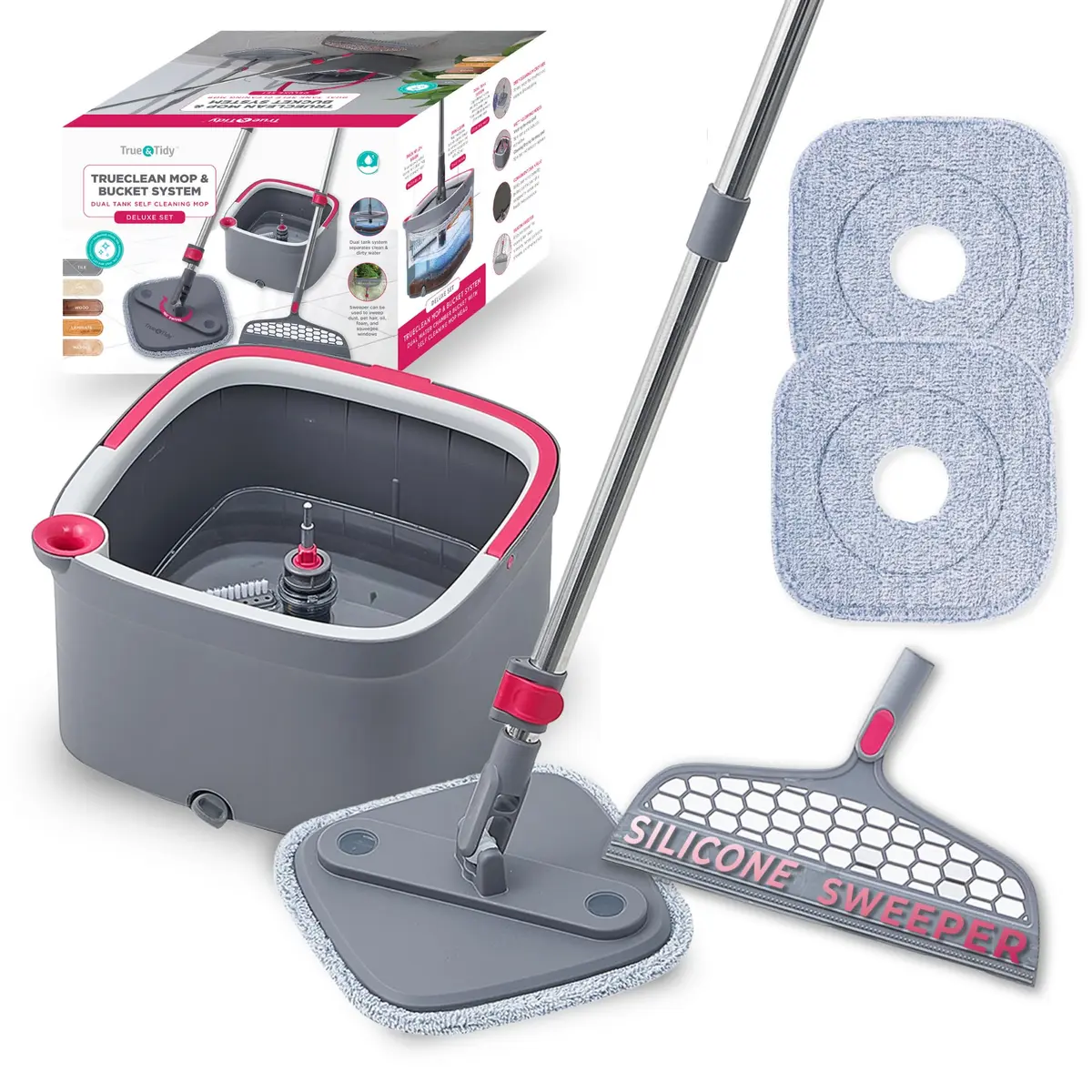 True & Tidy True Clean Spin Mop & Bucket System – Dual Compartment, 360° Swivel, Stainless Steel Handle, Microfiber Pads - main product image