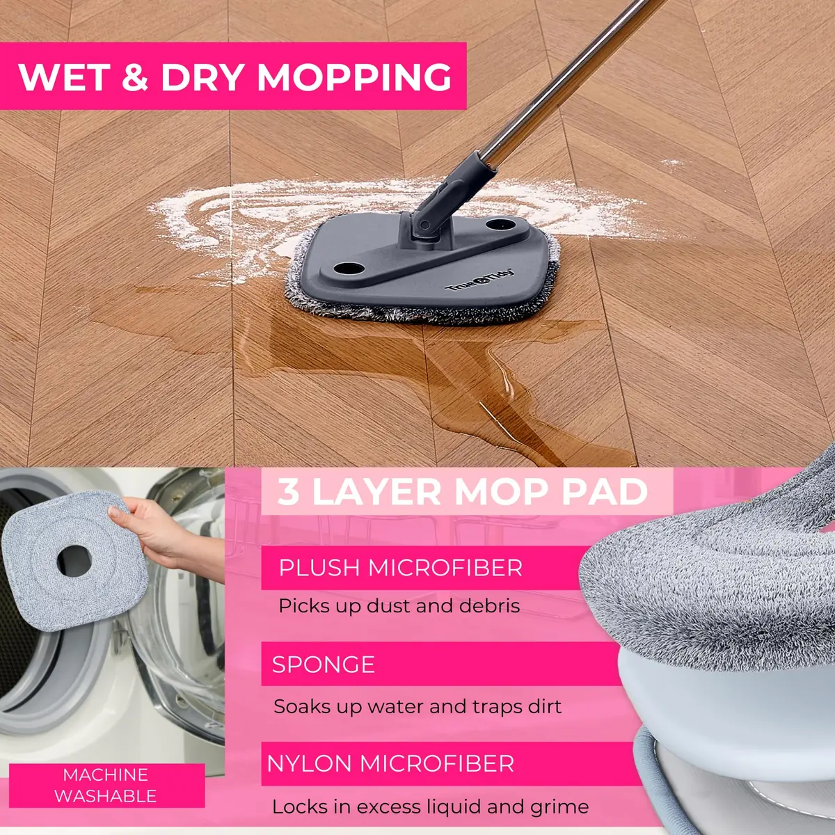 True & Tidy True Clean Spin Mop & Bucket System – Dual Compartment, 360° Swivel, Stainless Steel Handle, Microfiber Pads - view 5