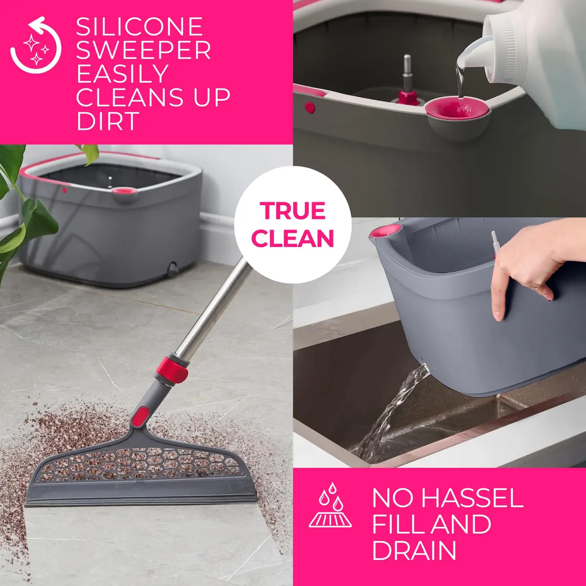 True & Tidy True Clean Spin Mop & Bucket System – Dual Compartment, 360° Swivel, Stainless Steel Handle, Microfiber Pads - view 6