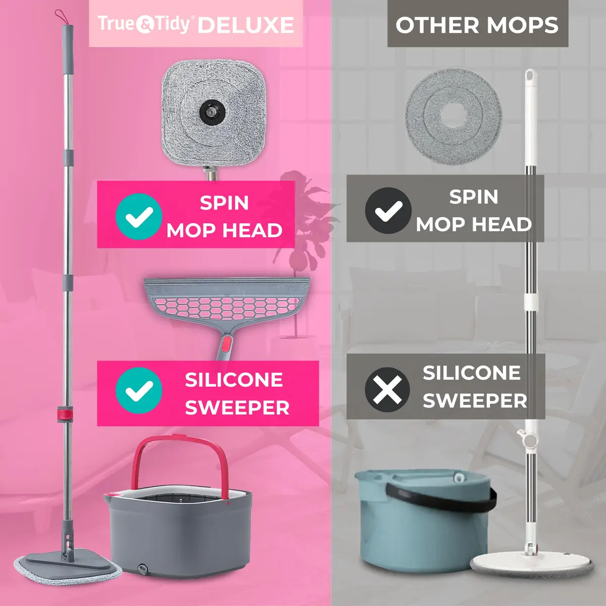 True & Tidy True Clean Spin Mop & Bucket System – Dual Compartment, 360° Swivel, Stainless Steel Handle, Microfiber Pads - view 7