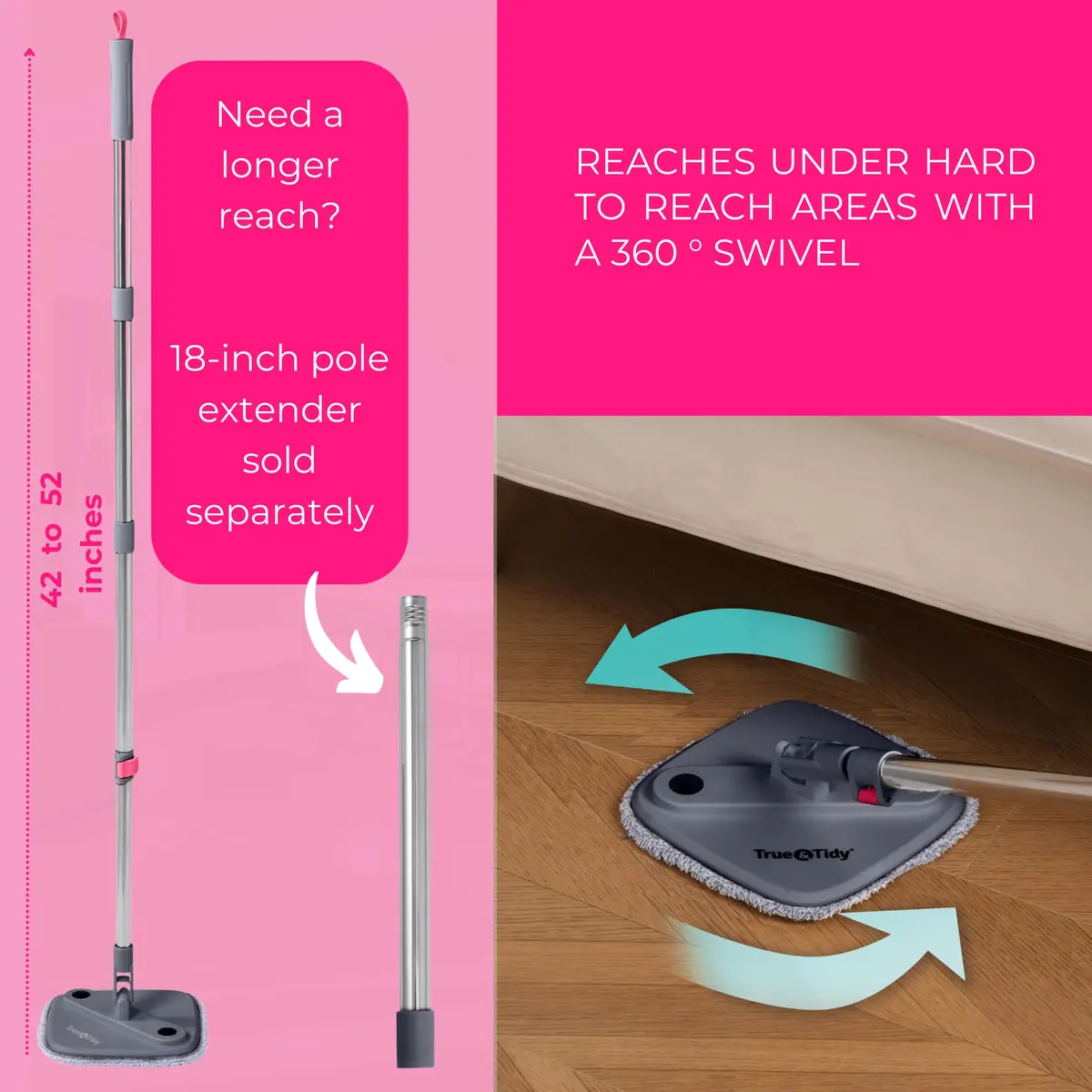 True & Tidy True Clean Spin Mop & Bucket System – Dual Compartment, 360° Swivel, Stainless Steel Handle, Microfiber Pads - view 8