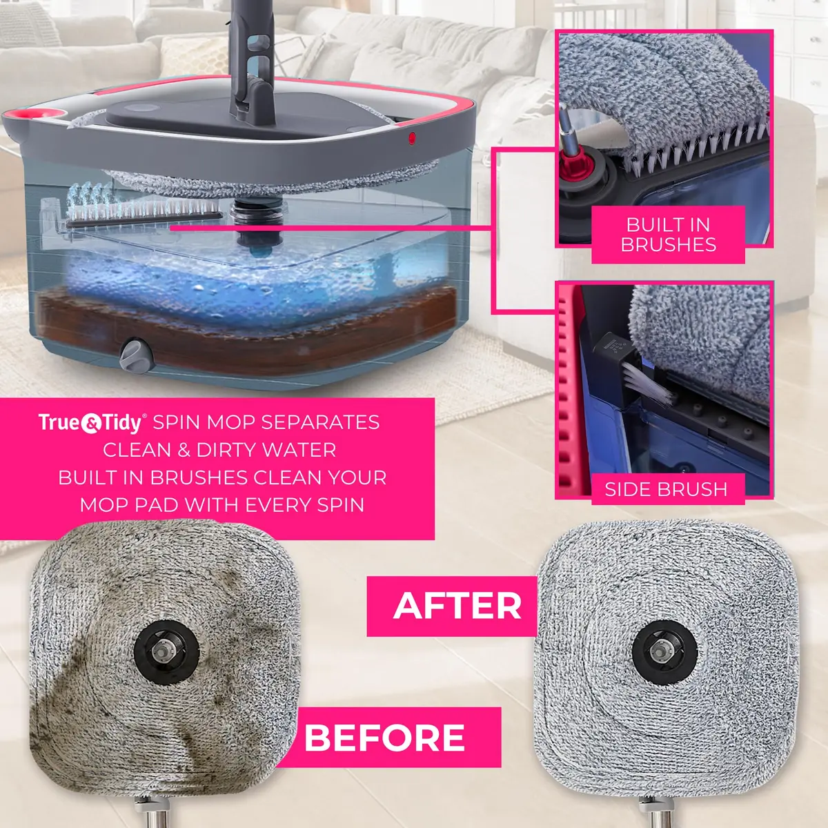 True & Tidy True Clean Spin Mop & Bucket System – Dual Compartment, 360° Swivel, Stainless Steel Handle, Microfiber Pads - view 2
