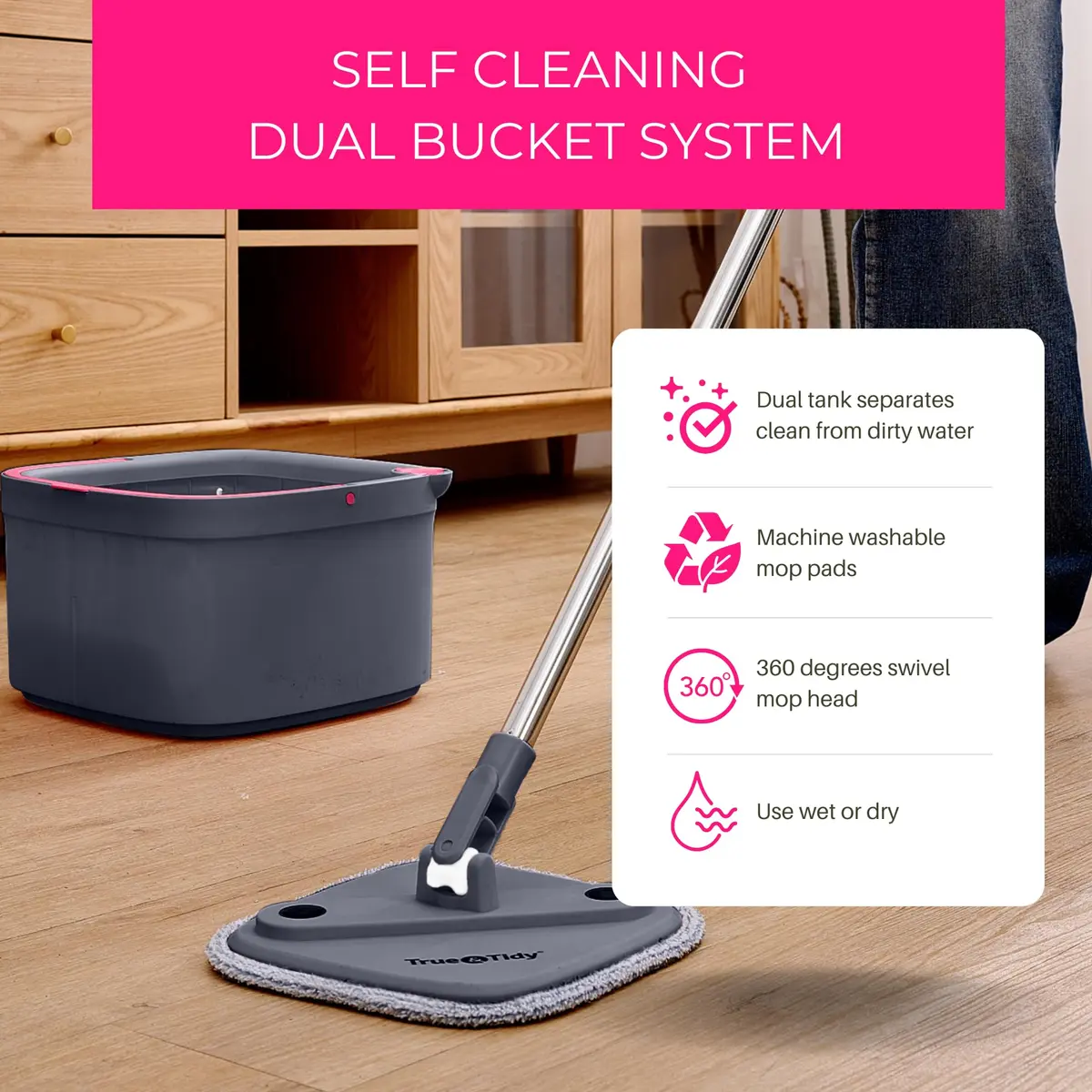 True & Tidy True Clean Spin Mop & Bucket System – Dual Compartment, 360° Swivel, Stainless Steel Handle, Microfiber Pads - view 3