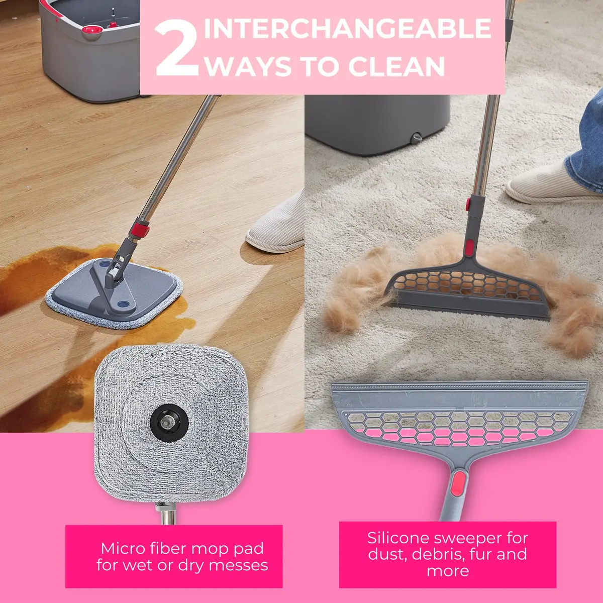 True & Tidy True Clean Spin Mop & Bucket System – Dual Compartment, 360° Swivel, Stainless Steel Handle, Microfiber Pads - view 4