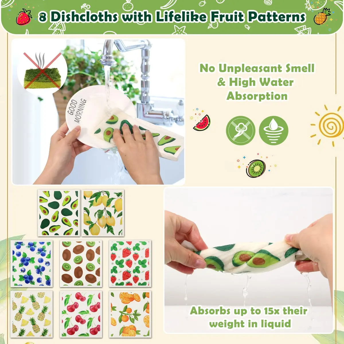 Lucomb Reusable Swedish Dish Cloths 8 Pack (20cm x 18cm) | Biodegradable Kitchen Wipes for Home Cleaning - view 6