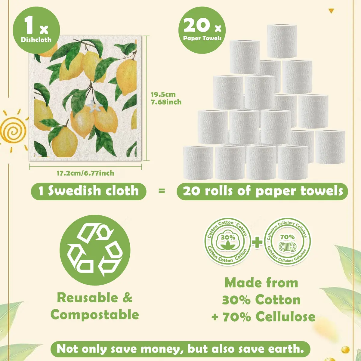 Lucomb Reusable Swedish Dish Cloths 8 Pack (20cm x 18cm) | Biodegradable Kitchen Wipes for Home Cleaning - view 4