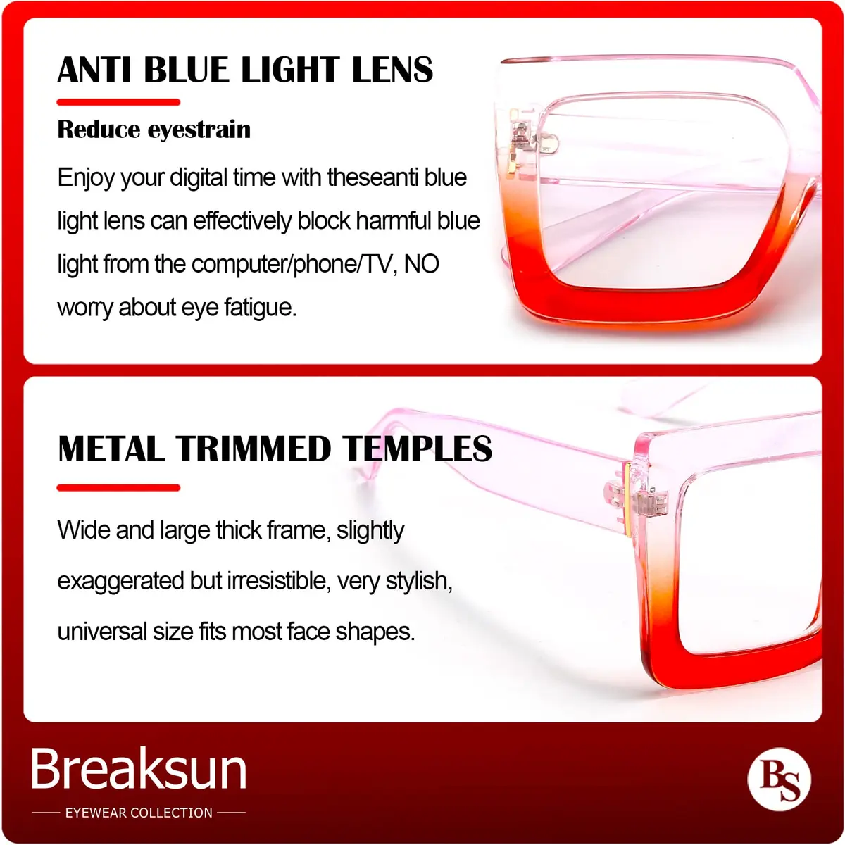 Breaksun Oversized Blue Light Glasses for Women Fashion Thick Square Computer Eyewear Non-Prescription Black Glasses (Purple Red) | Stylish & Protective - view 6