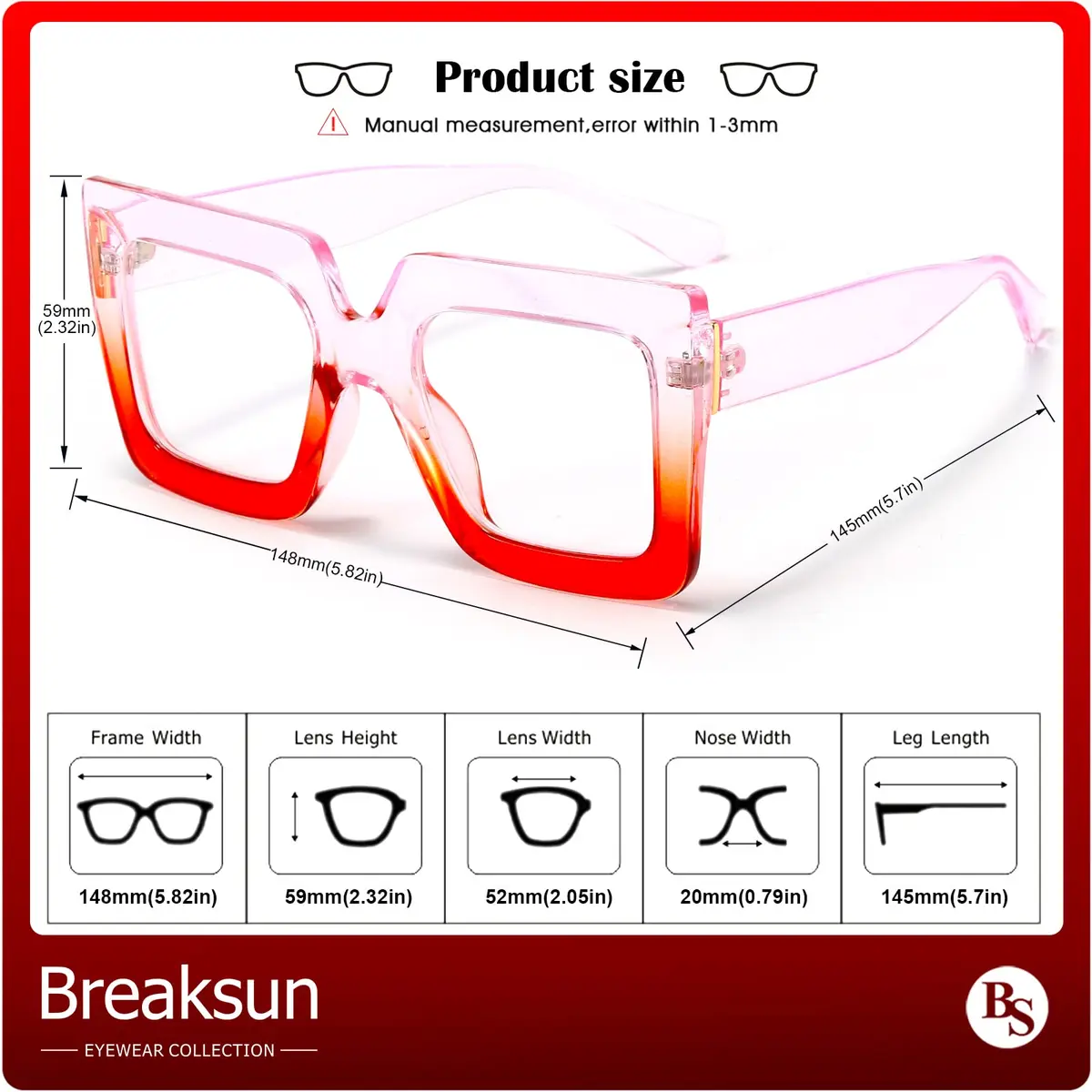Breaksun Oversized Blue Light Glasses for Women Fashion Thick Square Computer Eyewear Non-Prescription Black Glasses (Purple Red) | Stylish & Protective - view 7
