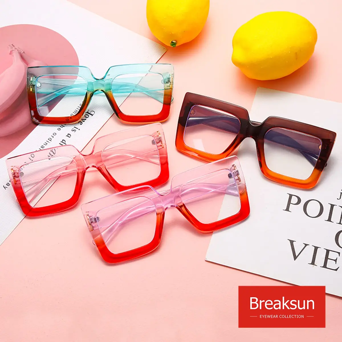 Breaksun Oversized Blue Light Glasses for Women Fashion Thick Square Computer Eyewear Non-Prescription Black Glasses (Purple Red) | Stylish & Protective - view 2