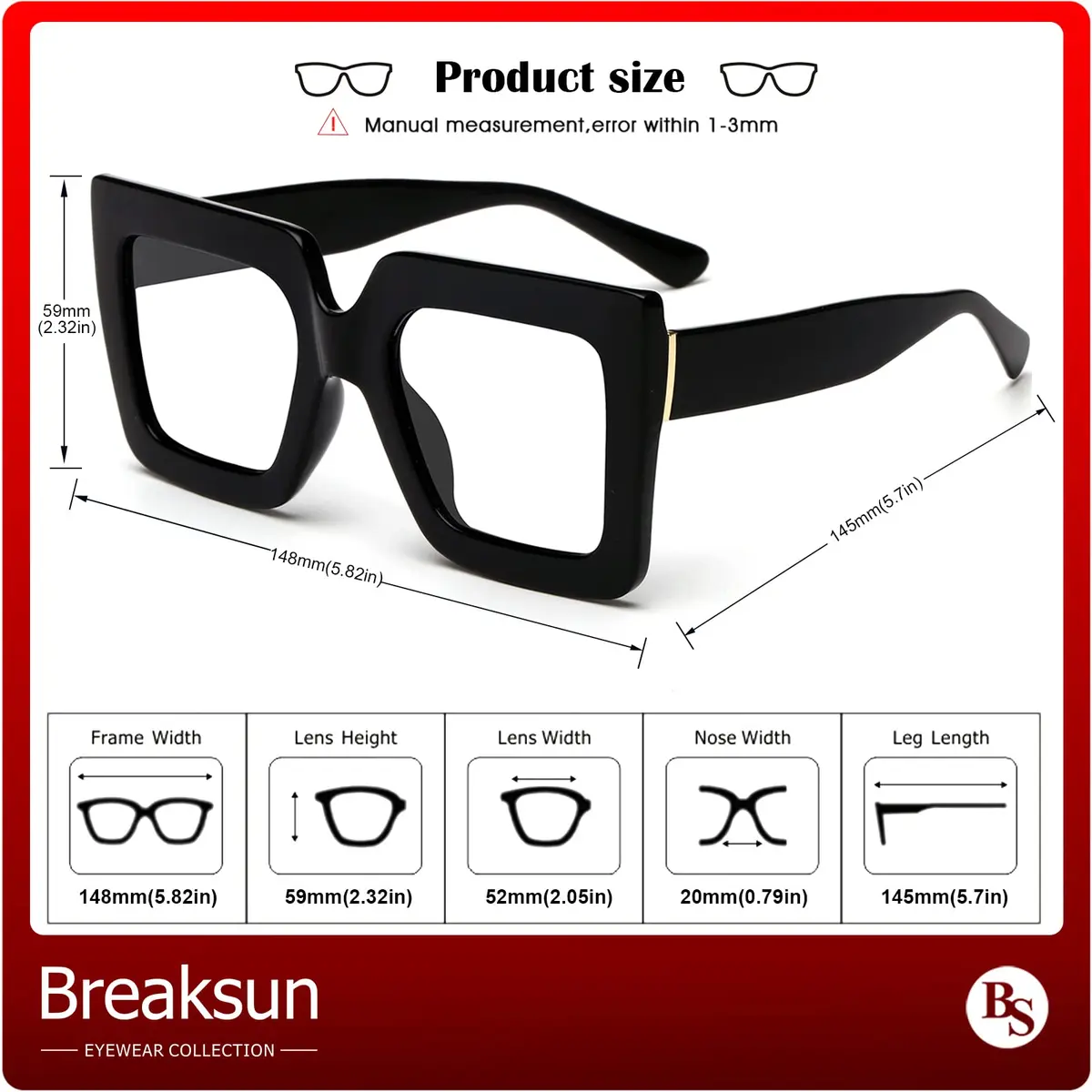 Breaksun Oversized Blue Light Glasses for Women Fashion Thick Square Computer Eyewear Non-Prescription Black - view 5