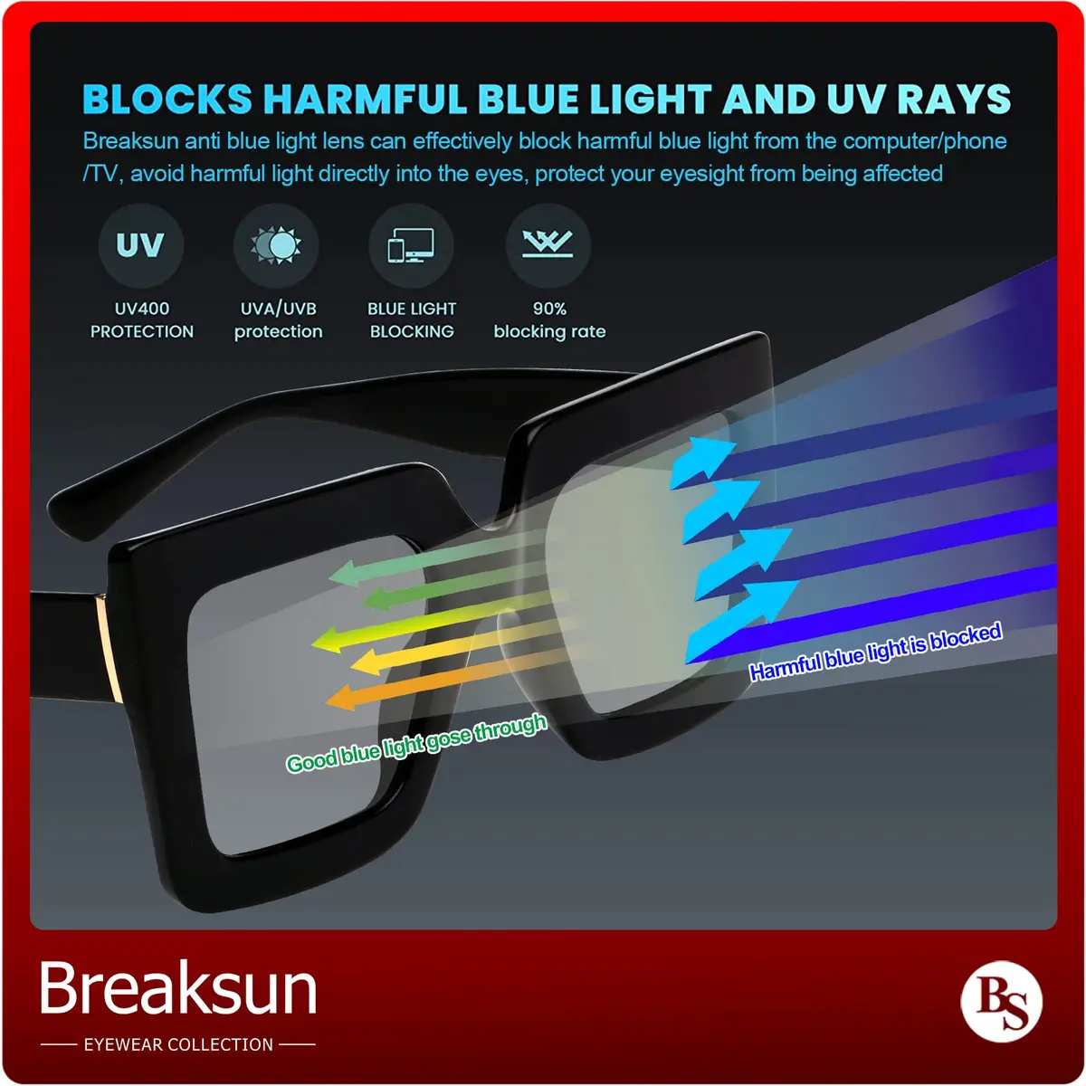 Breaksun Oversized Blue Light Glasses for Women Fashion Thick Square Computer Eyewear Non-Prescription Black - view 6