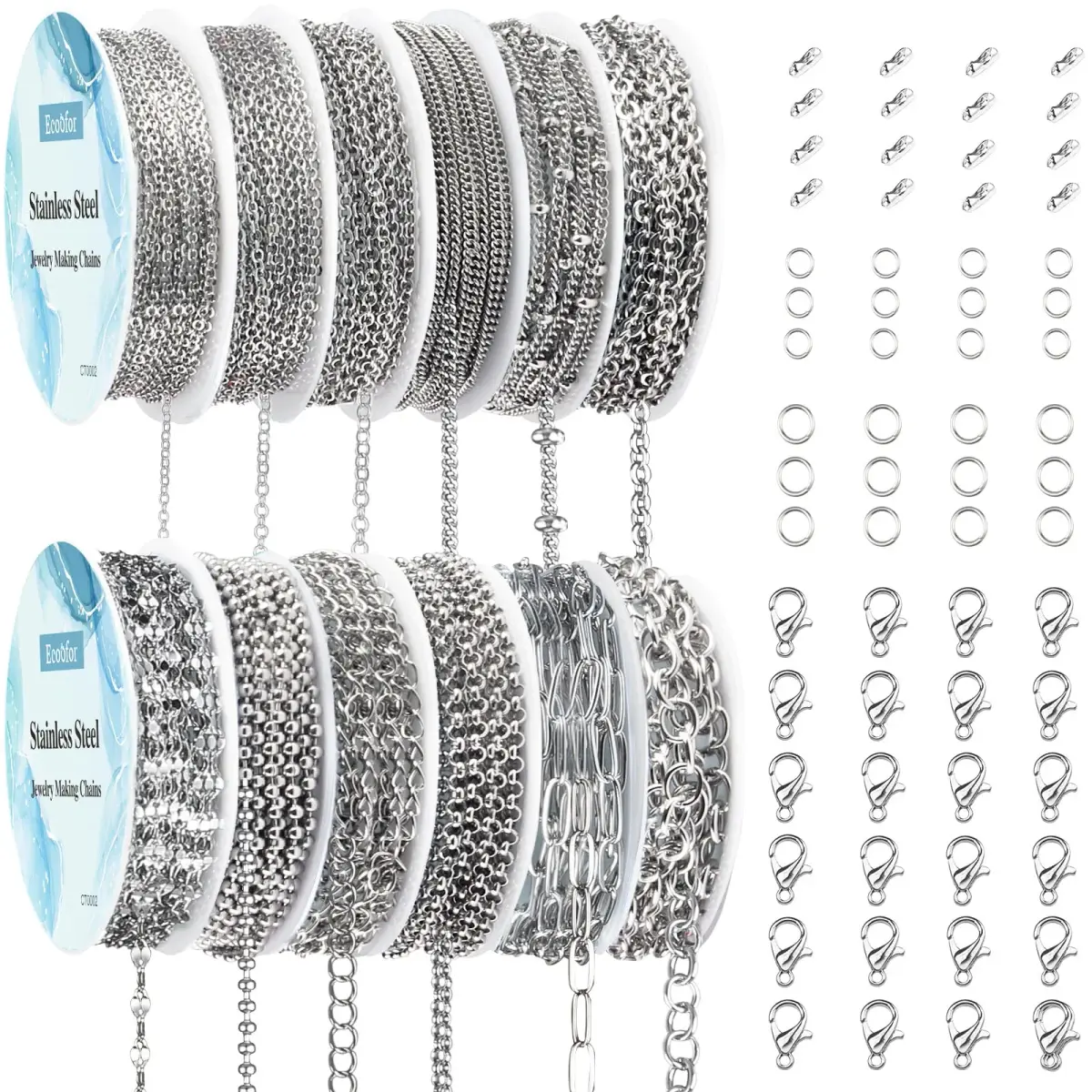 Ecoofor Stainless Steel Jewelry Chain Set with Jump Rings & Clasps | 270.6 meters (95.1 ft) Silver - main product image