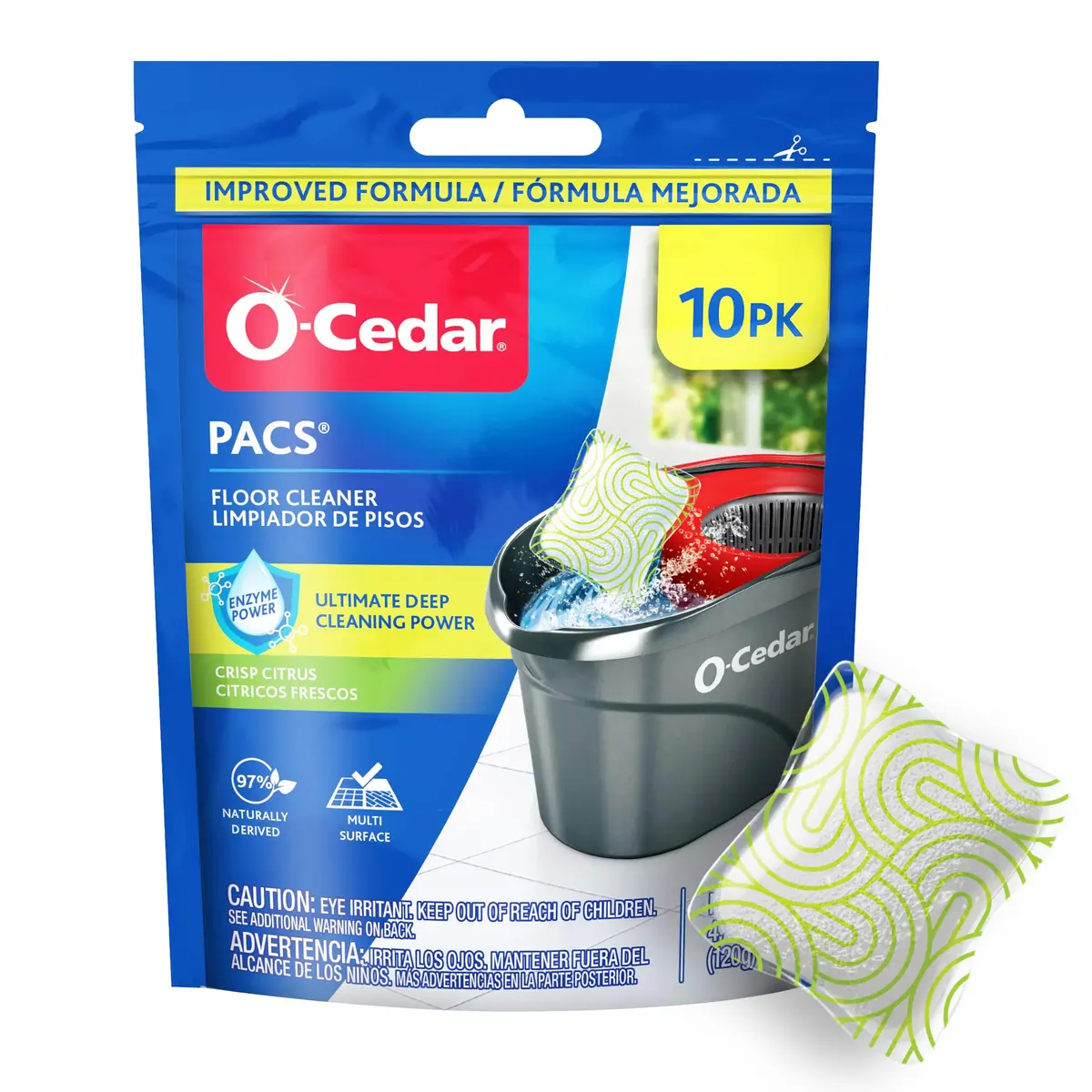O-Cedar PACS Floor Cleaner Crisp Citrus Scent 10 Count (1.6 Gallons per PAC) | Enzyme-Powered Pods for Streak-Free Cleaning - main product image