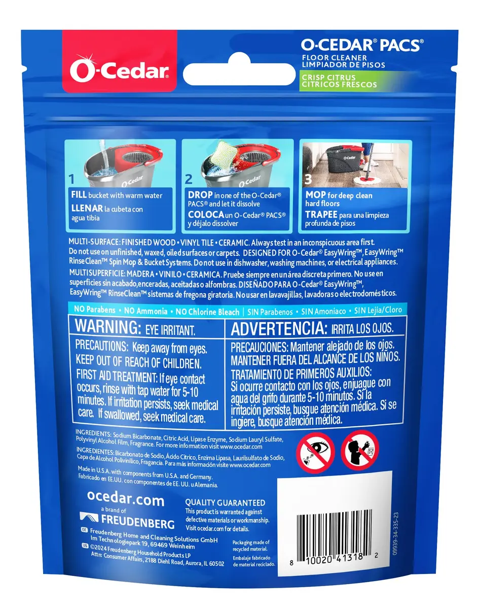 O-Cedar PACS Floor Cleaner Crisp Citrus Scent 10 Count (1.6 Gallons per PAC) | Enzyme-Powered Pods for Streak-Free Cleaning - view 9