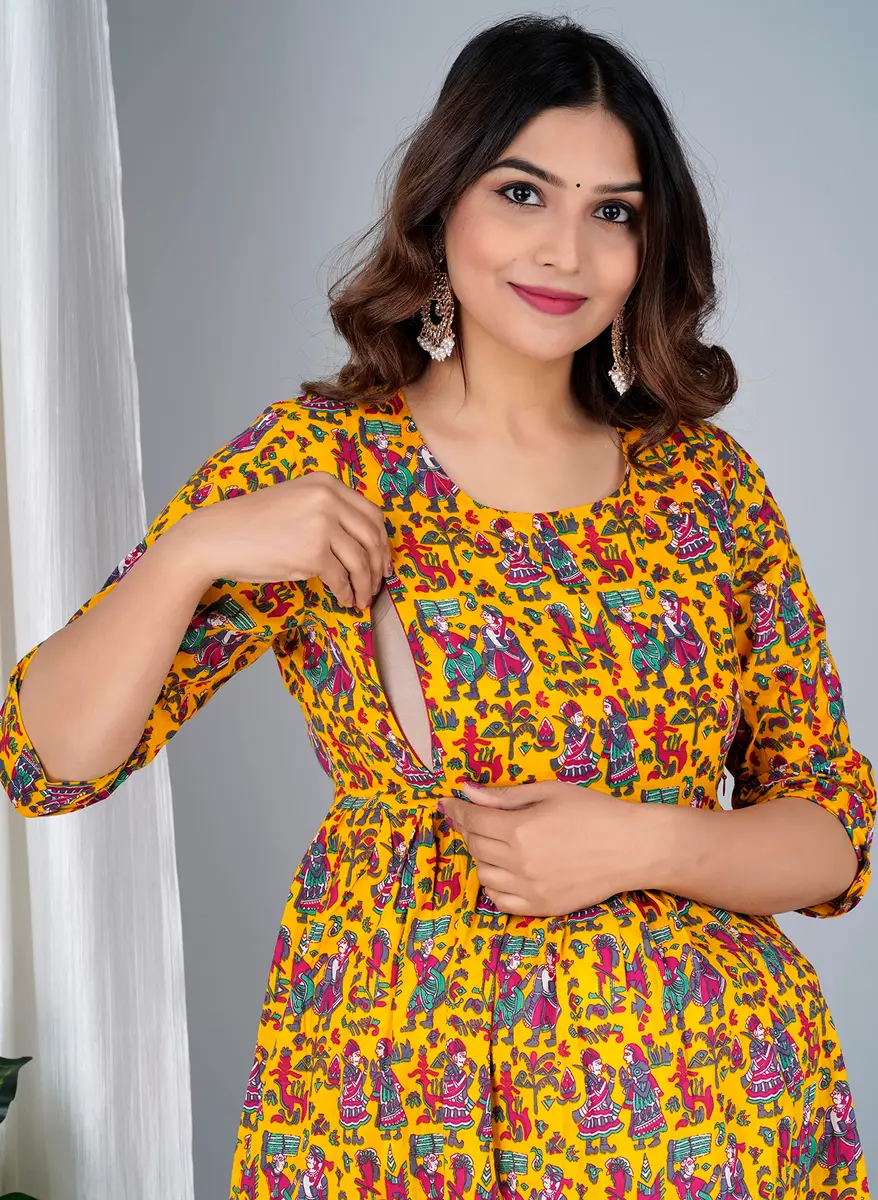 Jikonet Women's Maternity Dress Kurti with Hidden Zip, 3/4 Sleeve, Round Neck, Large, Yellow - view 6