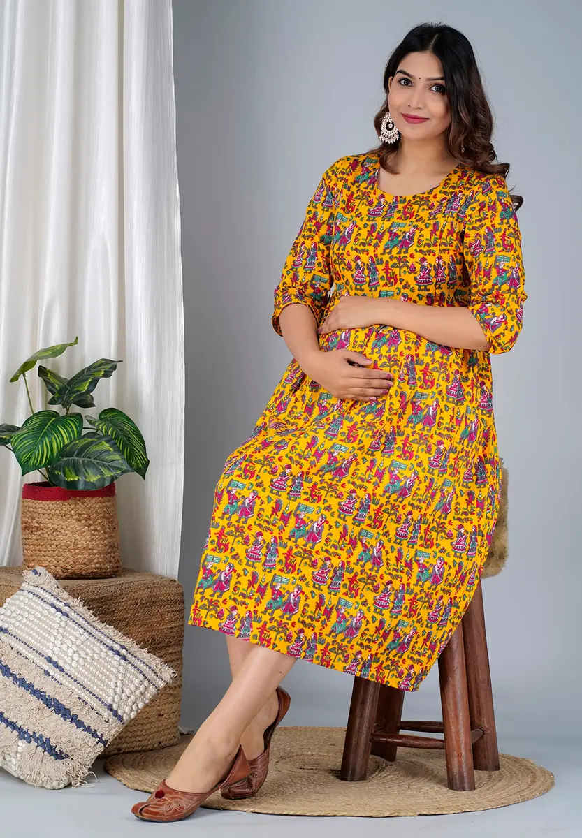 Jikonet Women's Maternity Dress Kurti with Hidden Zip, 3/4 Sleeve, Round Neck, Large, Yellow - view 9