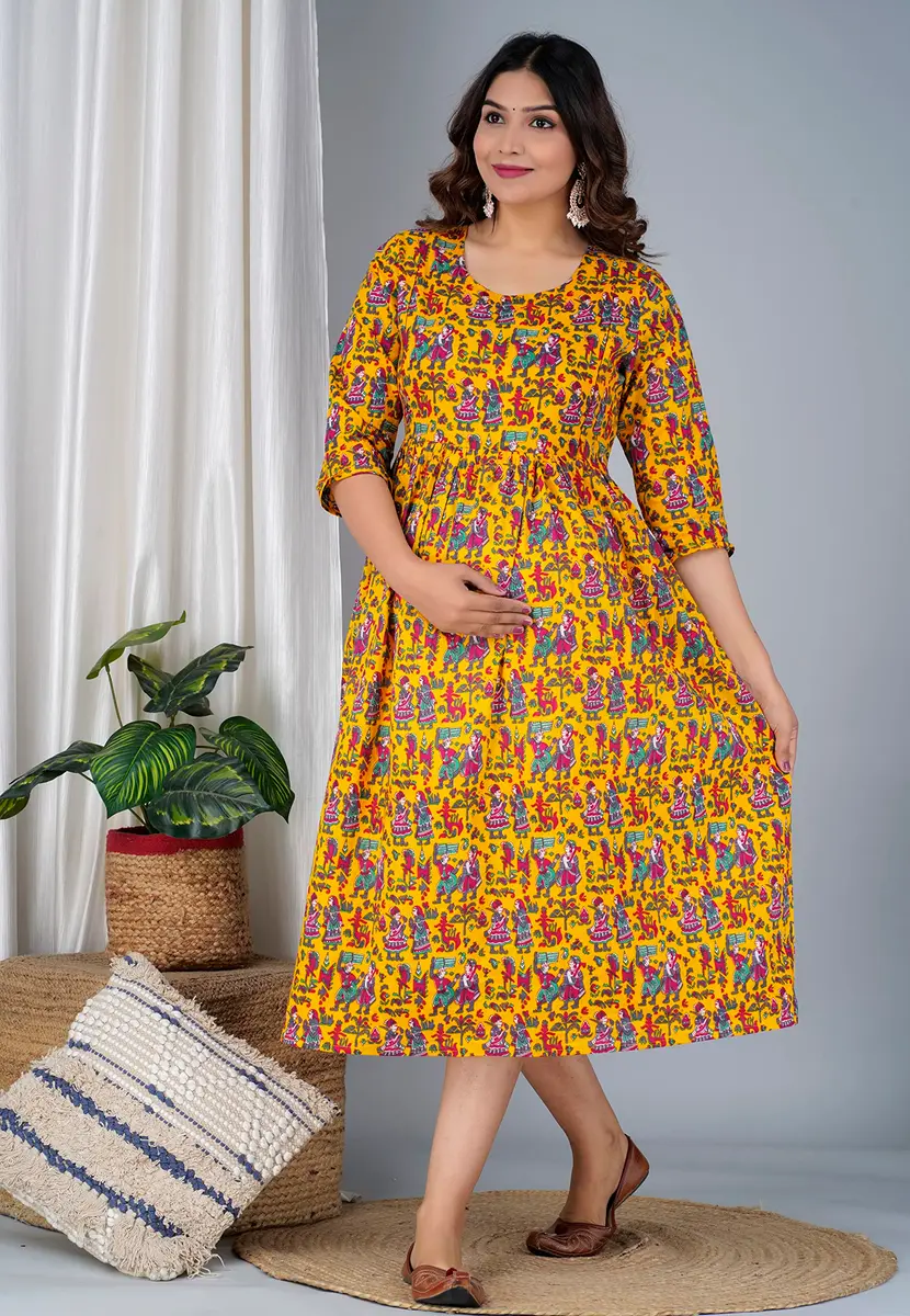 Jikonet Women's Maternity Dress Kurti with Hidden Zip, 3/4 Sleeve, Round Neck, Large, Yellow - view 2