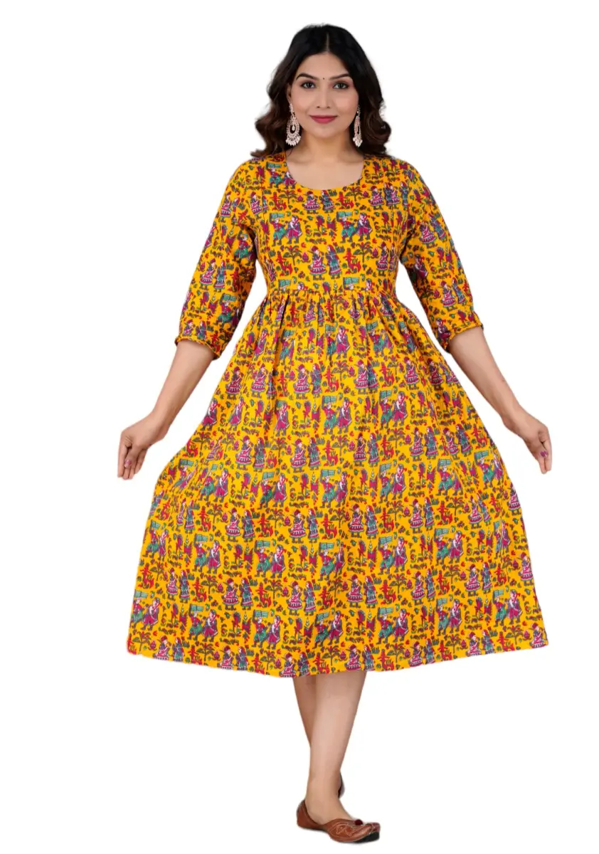 Jikonet Women's Maternity Kurti Dress with Hidden Zip - Anarkali Floral Print, 3/4 Sleeve, Round Neck, XL, Yellow - main product image