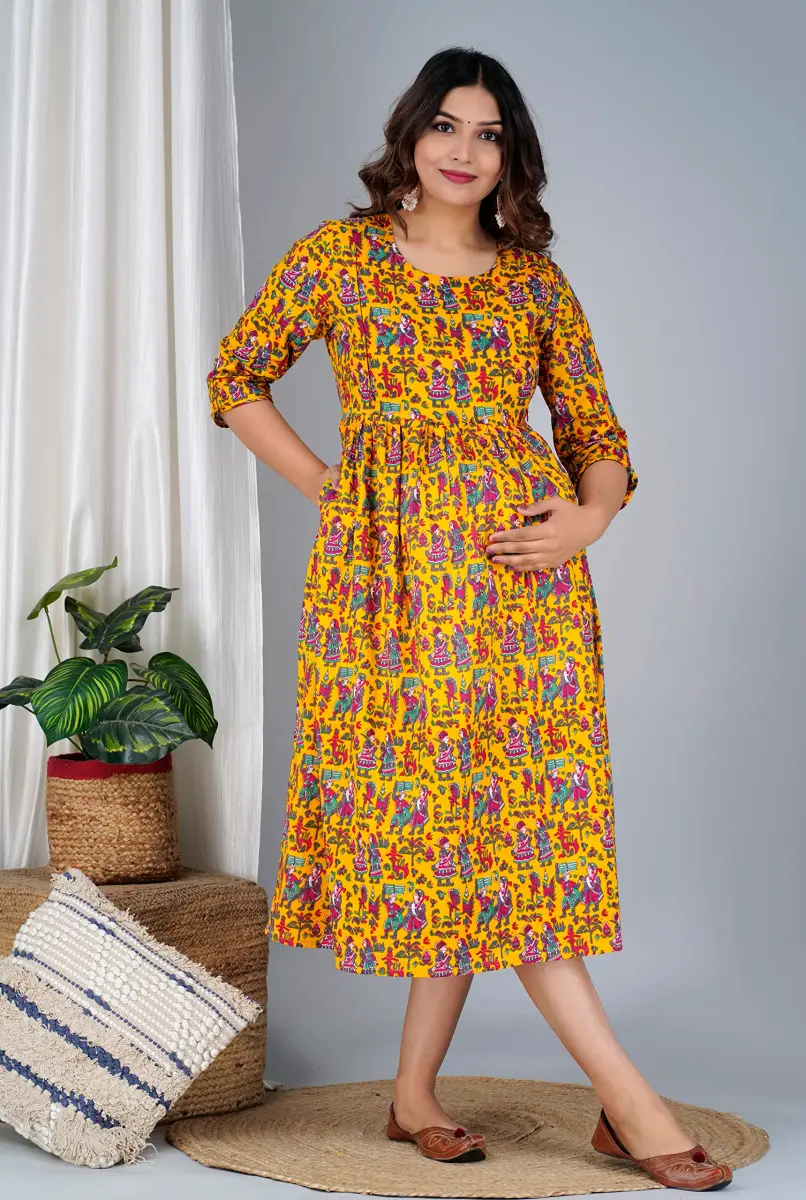 Jikonet Women's Maternity Kurti Dress with Hidden Zip - Anarkali Floral Print, 3/4 Sleeve, Round Neck, XL, Yellow - view 8