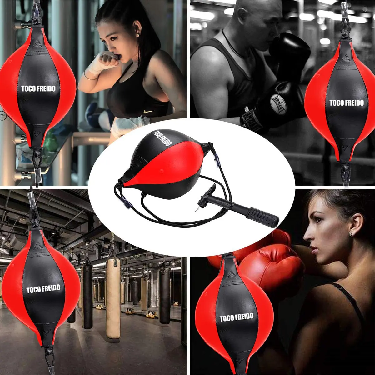TOCO FREIDO Double End Punching Bag Kit with Reflex Ball & Pump, 4 inch (10 cm) Red PU Leather | For Boxing, MMA, Home Gym Training - view 6