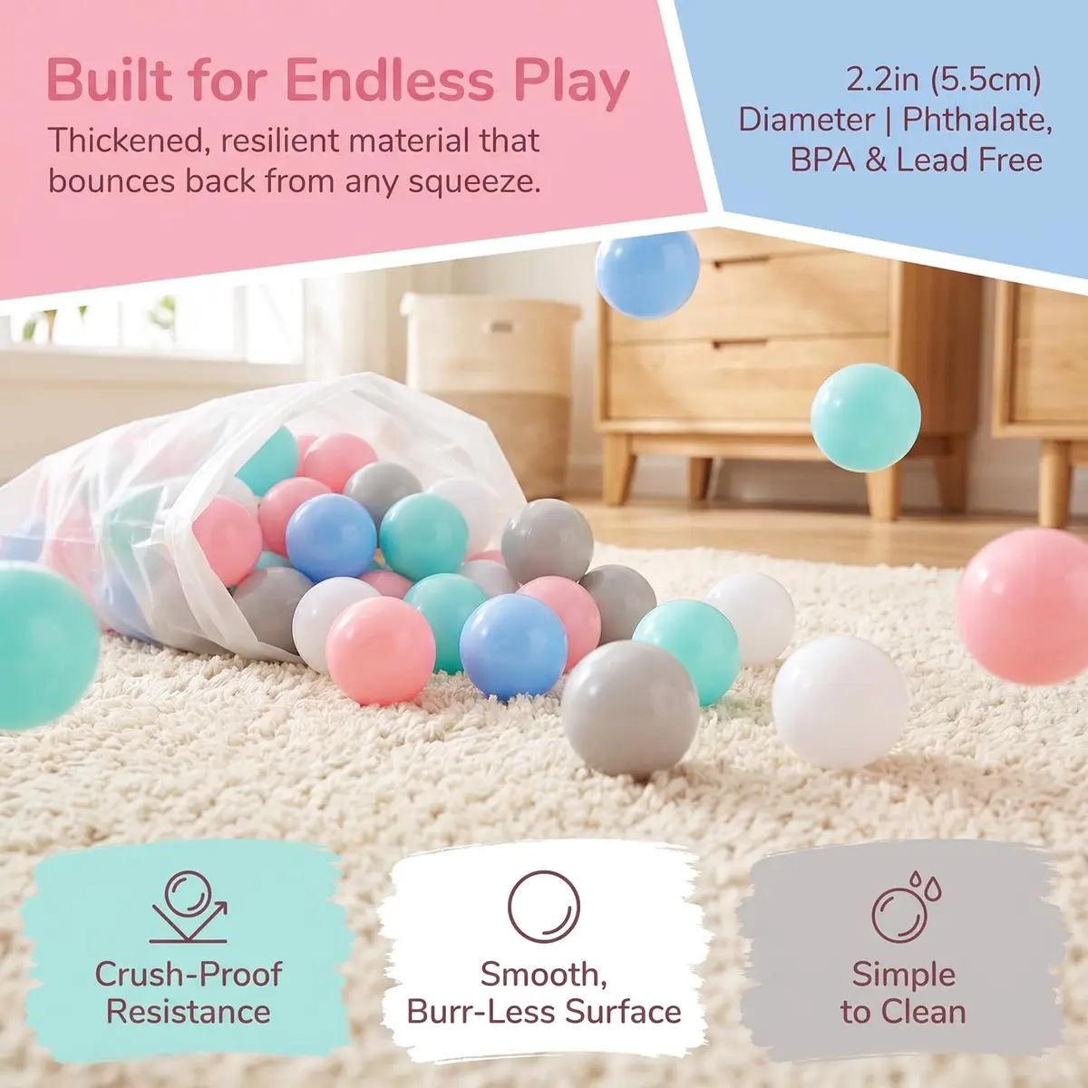 LANGXUN Plastic Ball Pit Balls for Baby Toddler Kids | 100 pcs, 2.2" Diameter, BPA-Free - view 4