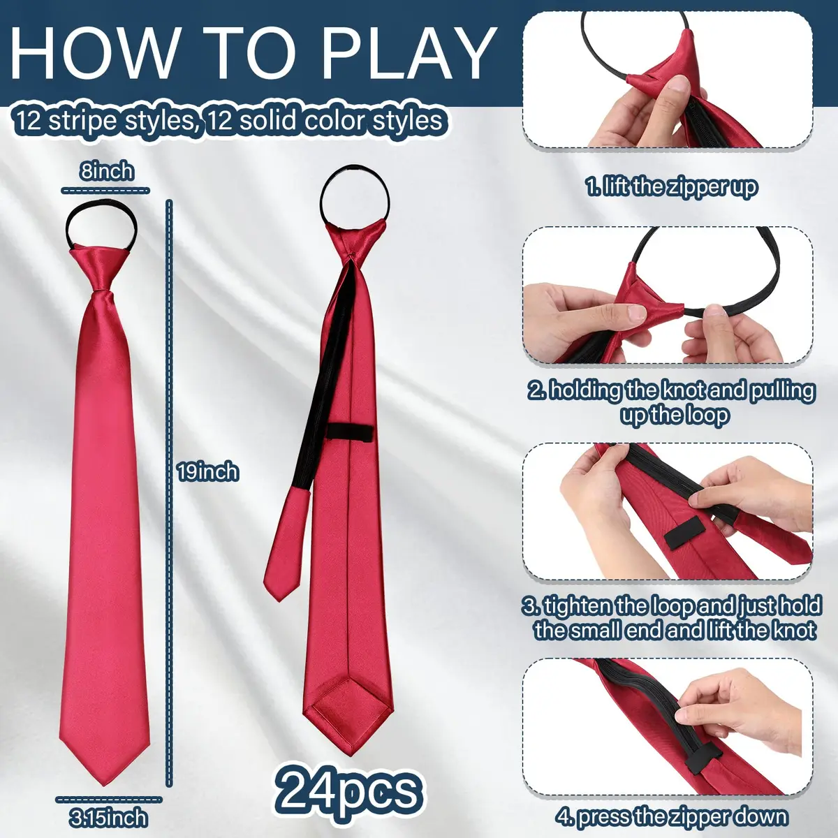 Unittype Classic 24 Pcs Zipper Pre-tied Neckties Assorted Colors | Adjustable & Stylish (70-120 chars) - view 2