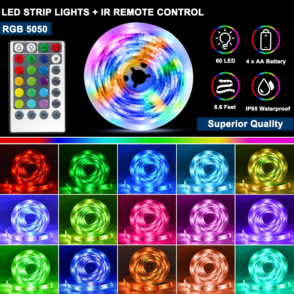 echosari Battery Powered RGB LED Strip Lights 2m (6.6ft) | Color Changing TV Backlights with Remote & Timer - view 3