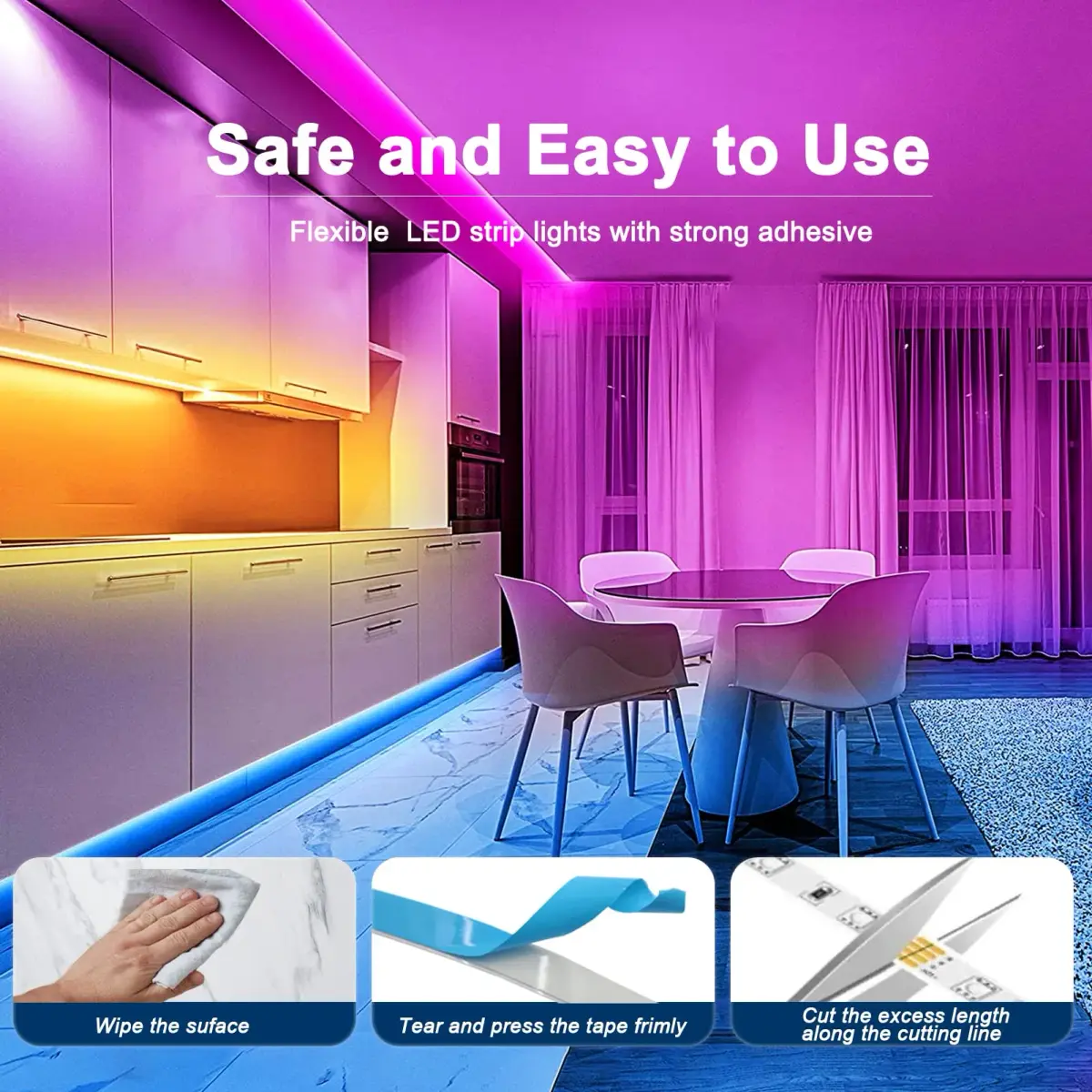 echosari Battery Powered RGB LED Strip Lights 2m (6.6ft) | Color Changing TV Backlights with Remote & Timer - view 4