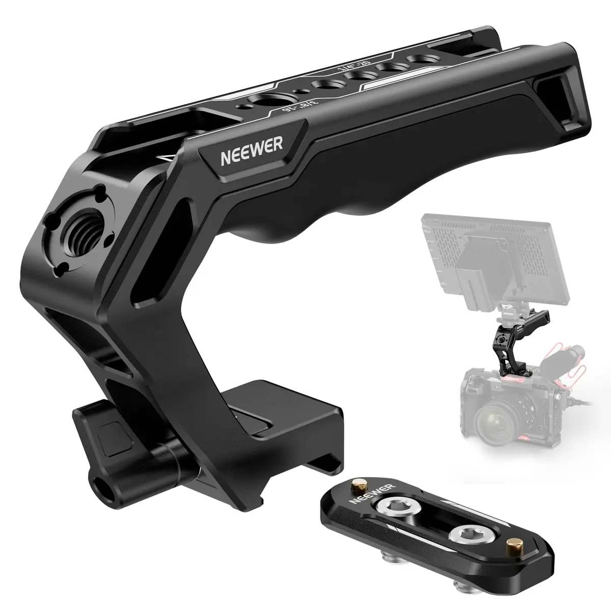 NEEWER Top Handle and NATO Rail Kit, Comfort Silicone Grip with Quick Release NATO Clamp, 3 Cold Shoes and 1/4" 3/8" ARRI Threads, CA008 | Compatible with SmallRig Camera Cage - main product image