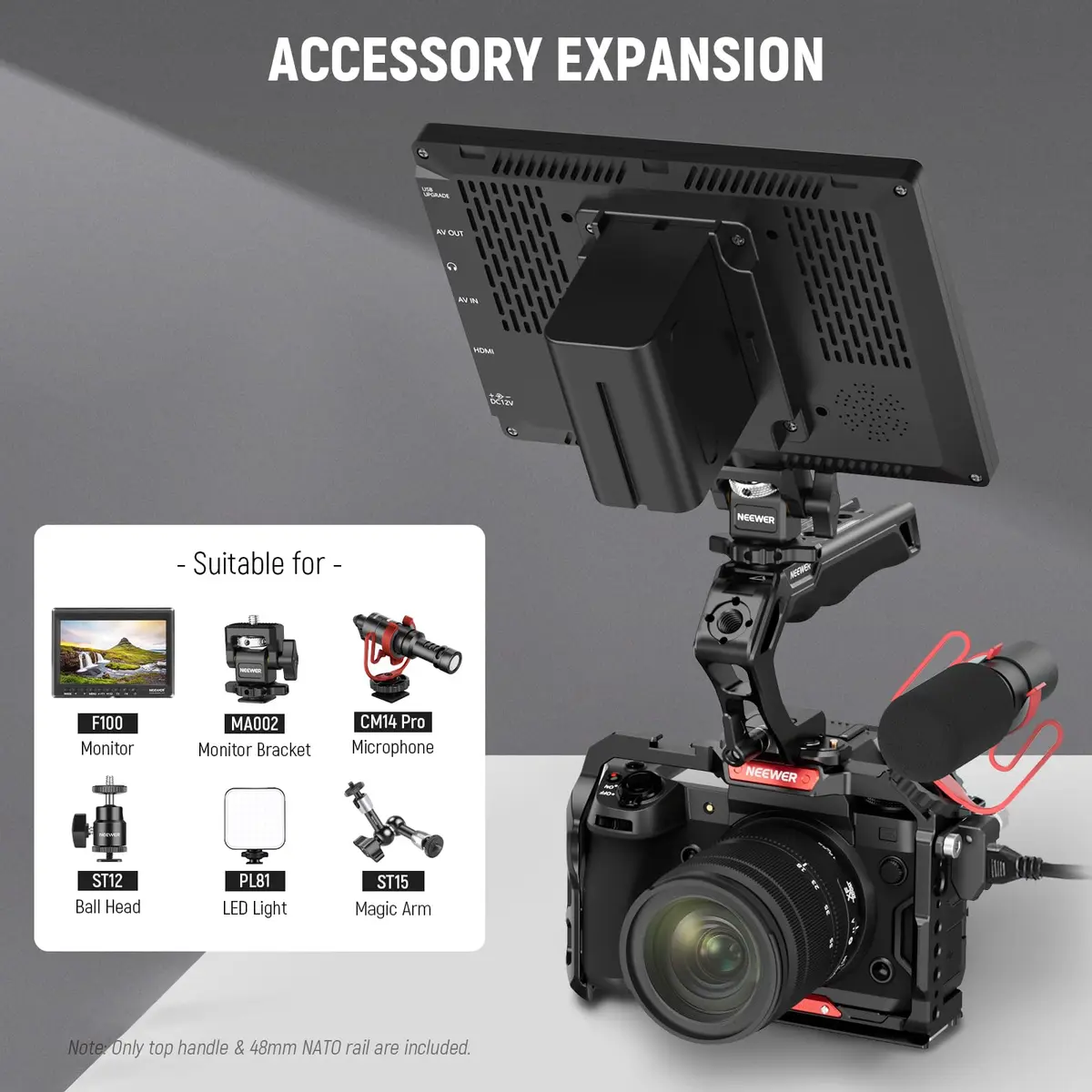 NEEWER Top Handle and NATO Rail Kit, Comfort Silicone Grip with Quick Release NATO Clamp, 3 Cold Shoes and 1/4" 3/8" ARRI Threads, CA008 | Compatible with SmallRig Camera Cage - view 6