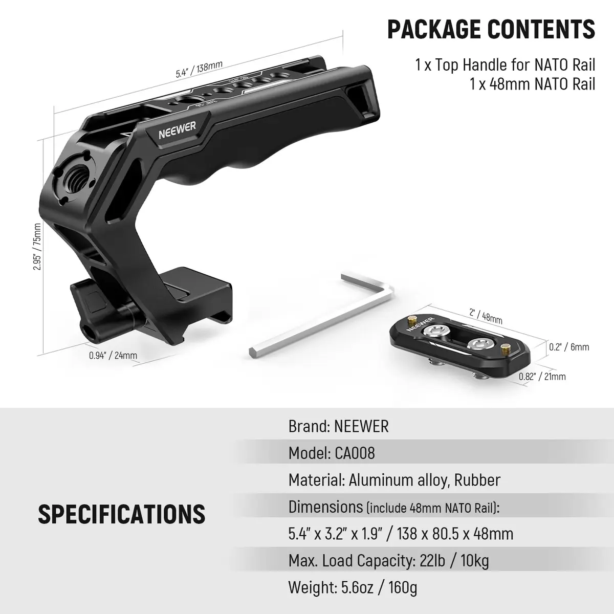 NEEWER Top Handle and NATO Rail Kit, Comfort Silicone Grip with Quick Release NATO Clamp, 3 Cold Shoes and 1/4" 3/8" ARRI Threads, CA008 | Compatible with SmallRig Camera Cage - view 9