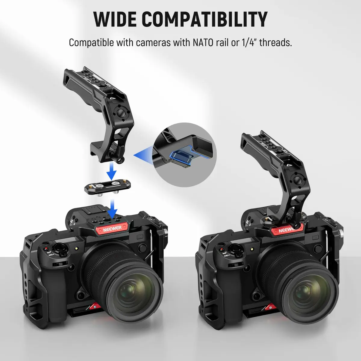 NEEWER Top Handle and NATO Rail Kit, Comfort Silicone Grip with Quick Release NATO Clamp, 3 Cold Shoes and 1/4" 3/8" ARRI Threads, CA008 | Compatible with SmallRig Camera Cage - view 2