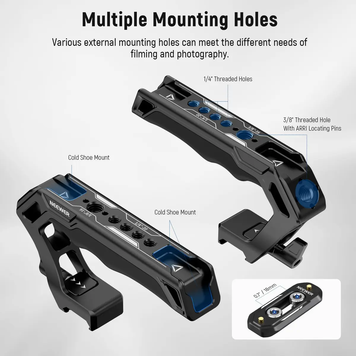 NEEWER Top Handle and NATO Rail Kit, Comfort Silicone Grip with Quick Release NATO Clamp, 3 Cold Shoes and 1/4" 3/8" ARRI Threads, CA008 | Compatible with SmallRig Camera Cage - view 3