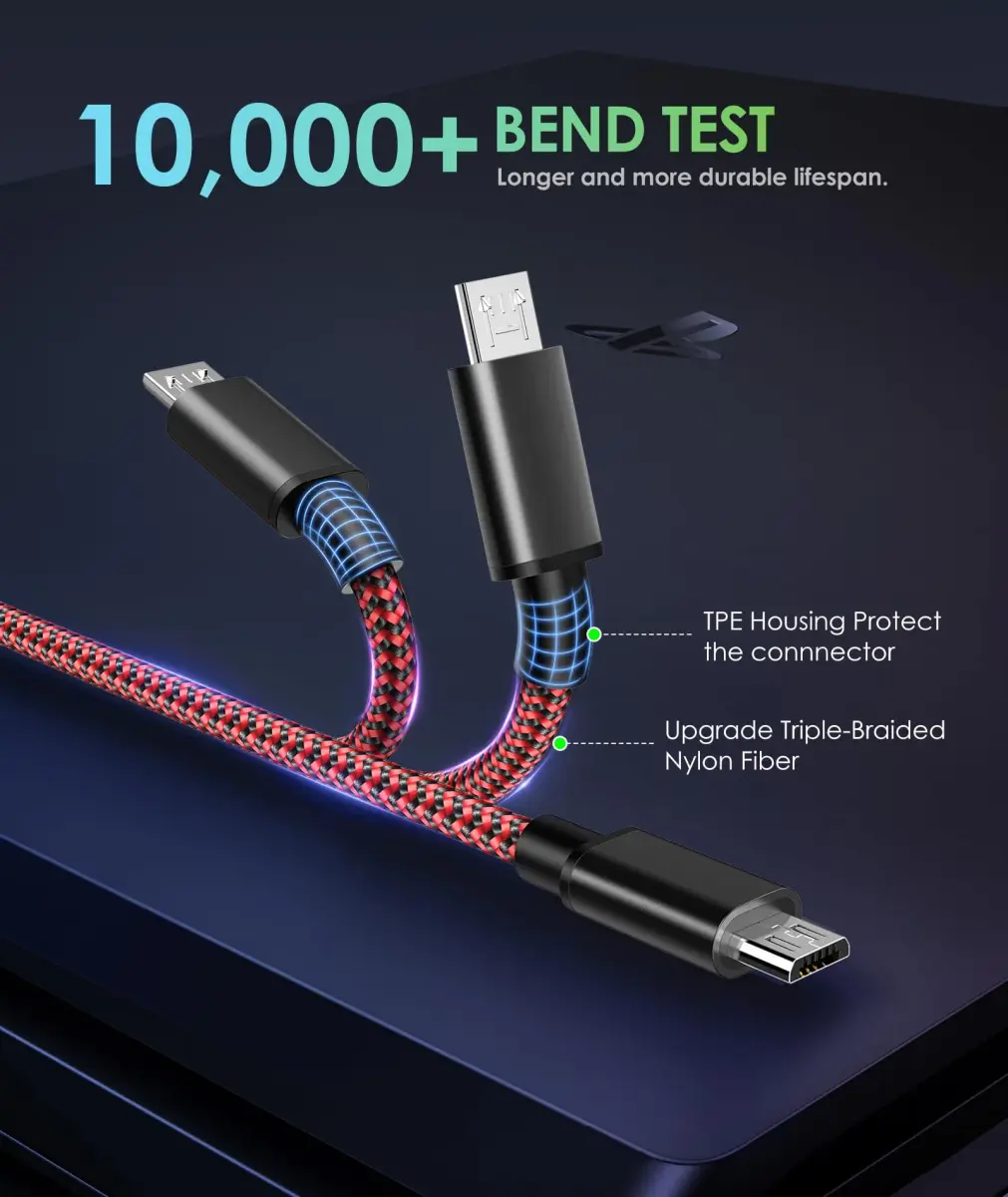6amLifestyle Red 2 Pack 10ft USB to Micro USB Charging Cable | Braided Nylon Cord for PS4 Controllers - view 3