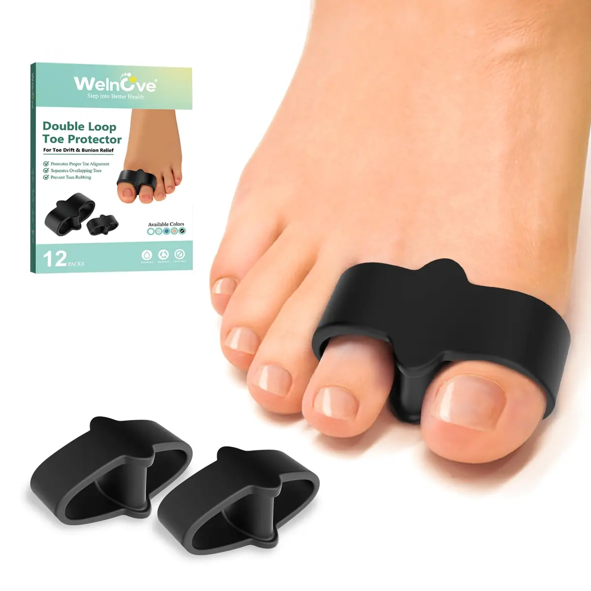 Welnove Pack of 12 Bunion Corrector Toe Separators with 2 Loops for Overlap Toe, Black | Soft Gel Toe Spacers for Pain Relief - main product image