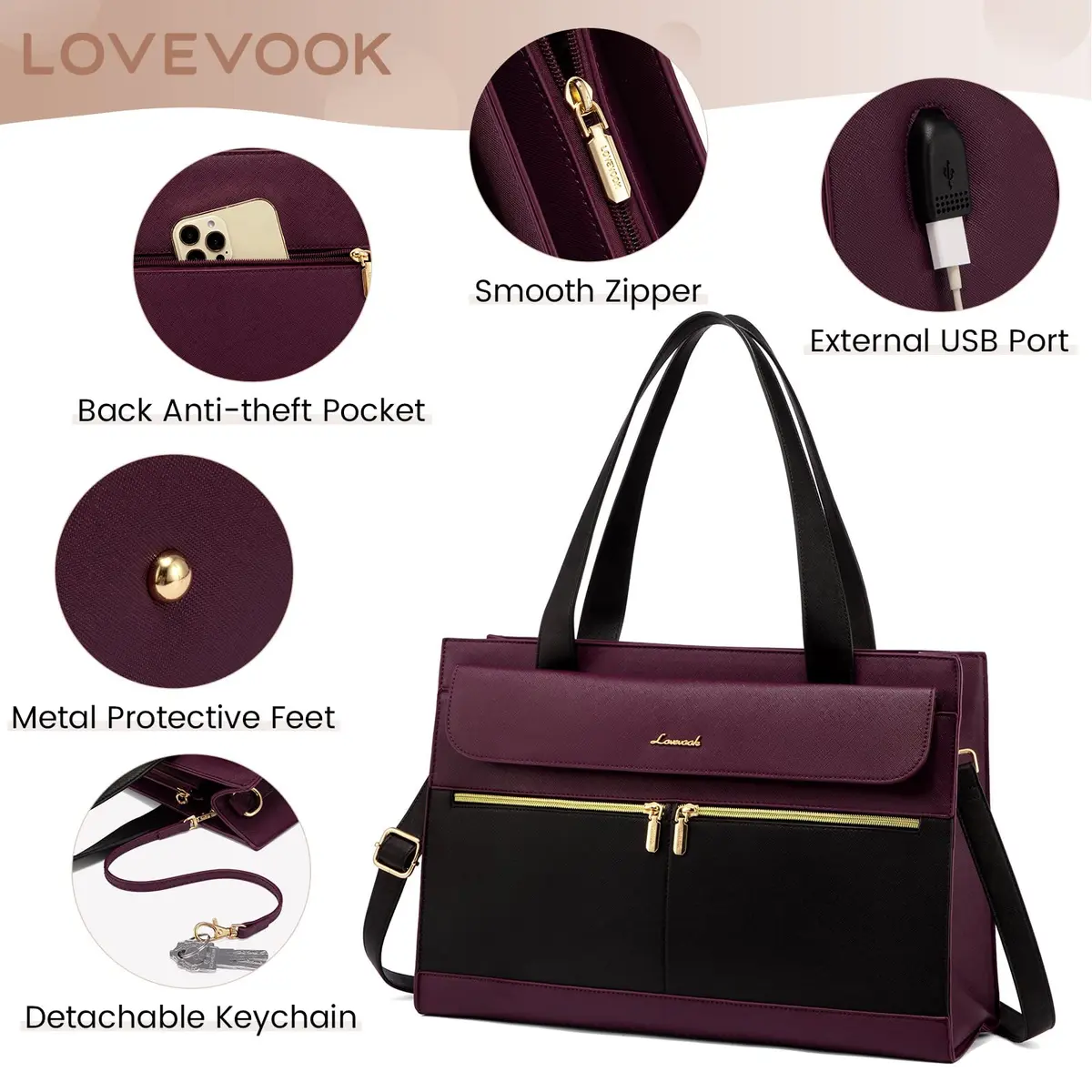 LOVEVOOK Laptop Bag for Women 15.6 Inch Tote Work Professional Leather Computer Briefcase Waterproof Handbag Shoulder Large Capacity Business Teacher Office Crossbody Purse - view 5