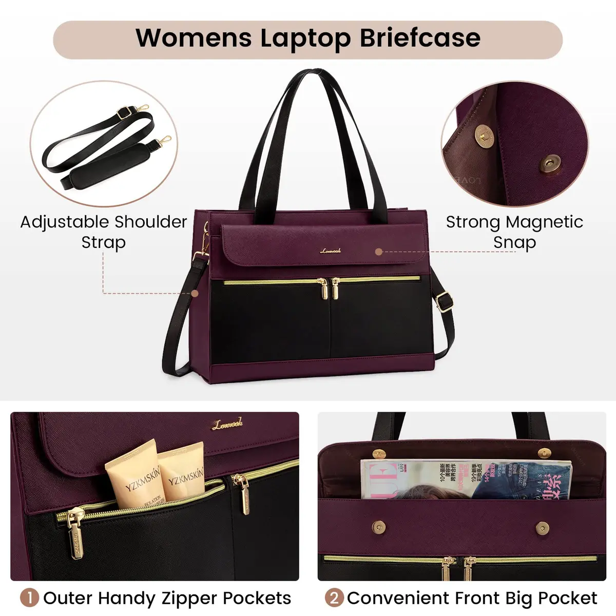LOVEVOOK Laptop Bag for Women 15.6 Inch Tote Work Professional Leather Computer Briefcase Waterproof Handbag Shoulder Large Capacity Business Teacher Office Crossbody Purse - view 6