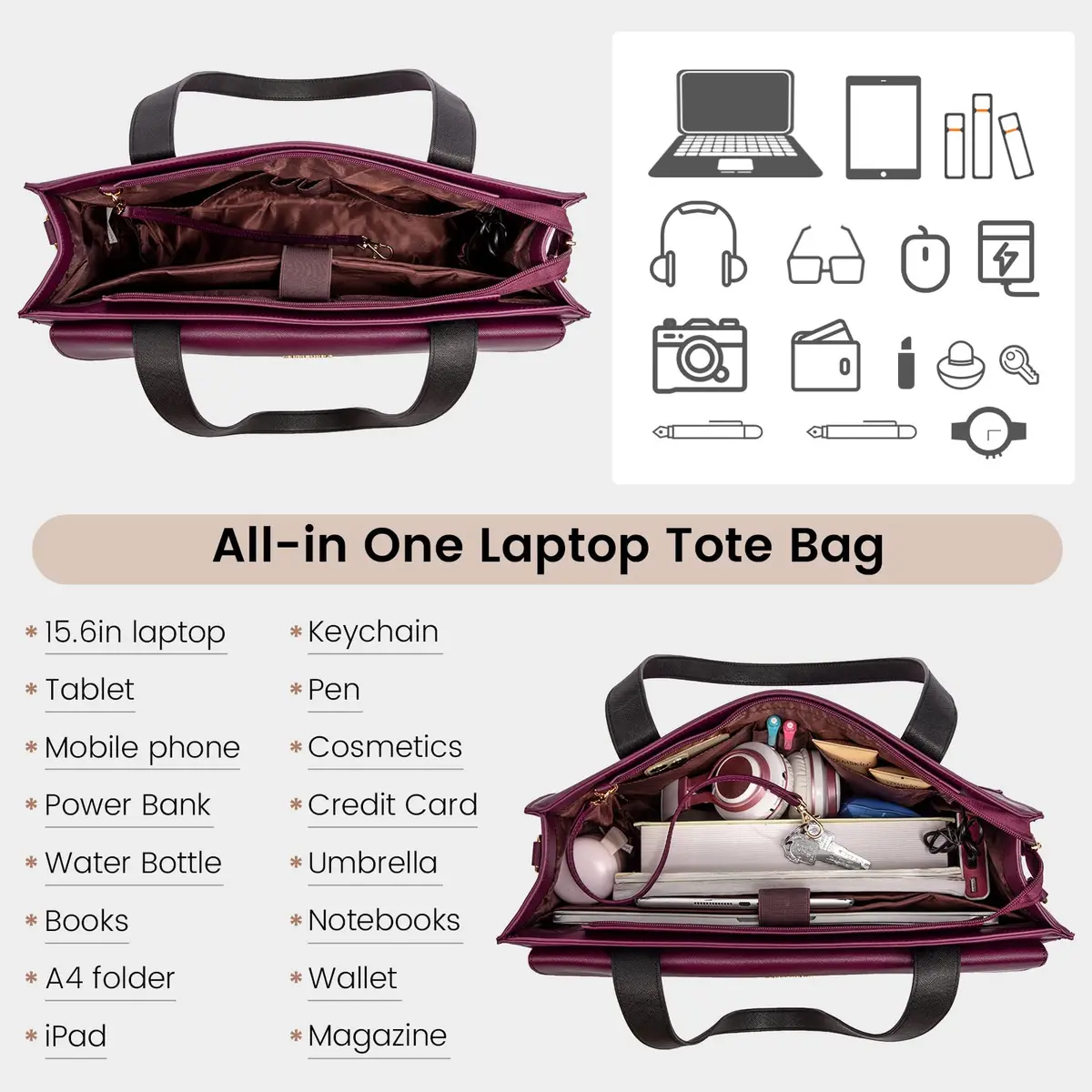 LOVEVOOK Laptop Bag for Women 15.6 Inch Tote Work Professional Leather Computer Briefcase Waterproof Handbag Shoulder Large Capacity Business Teacher Office Crossbody Purse - view 4
