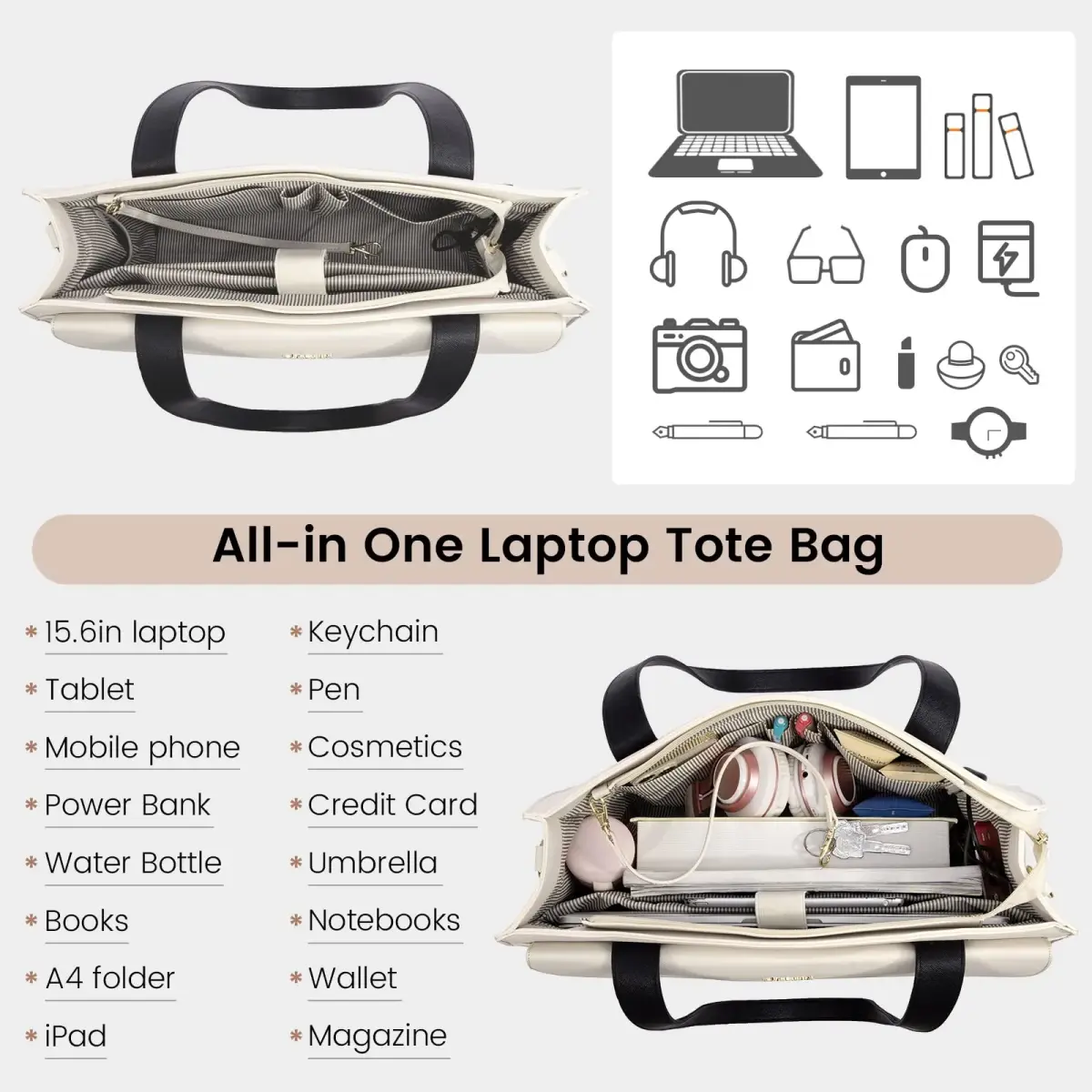 LOVEVOOK Women's Laptop Tote Bag 15.6 Inch | Professional Leather Briefcase with USB Port & Clutch - view 3