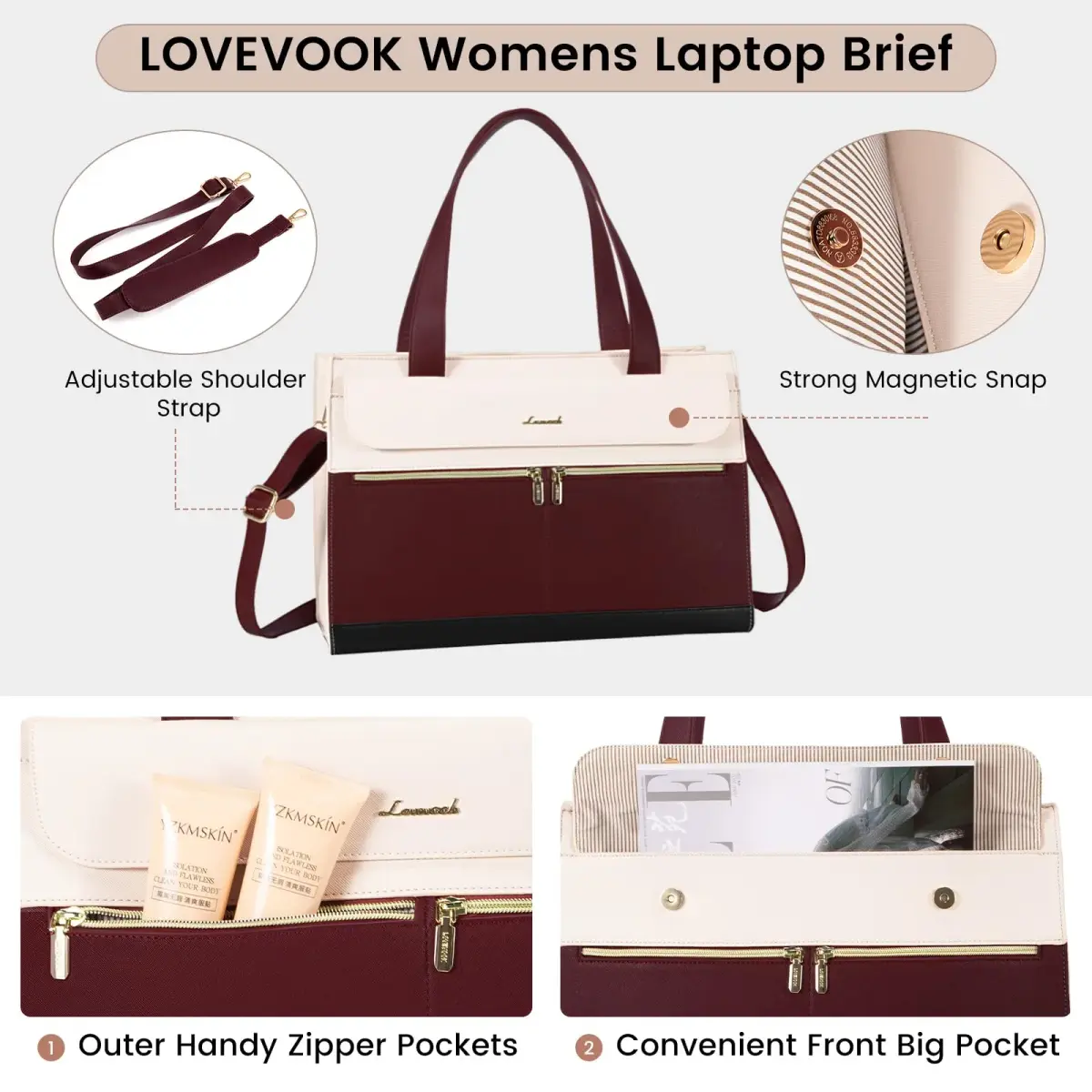 LOVEVOOK Laptop Tote Bag 15.6 Inch - Waterproof PU Leather Briefcase with Clutch | 39.4 cm (15.6 Inch) Laptop Compartment - view 5