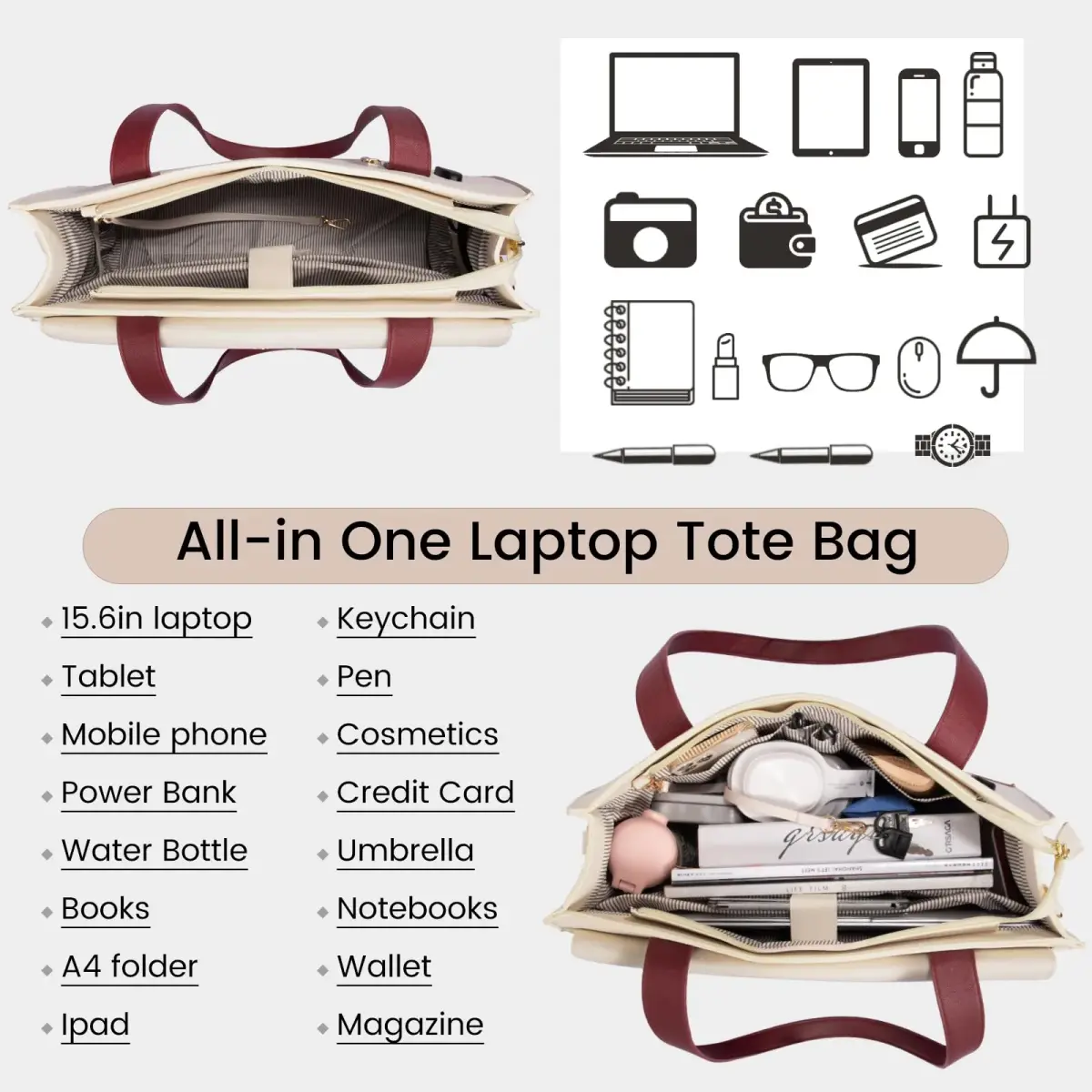 LOVEVOOK Laptop Tote Bag 15.6 Inch - Waterproof PU Leather Briefcase with Clutch | 39.4 cm (15.6 Inch) Laptop Compartment - view 3