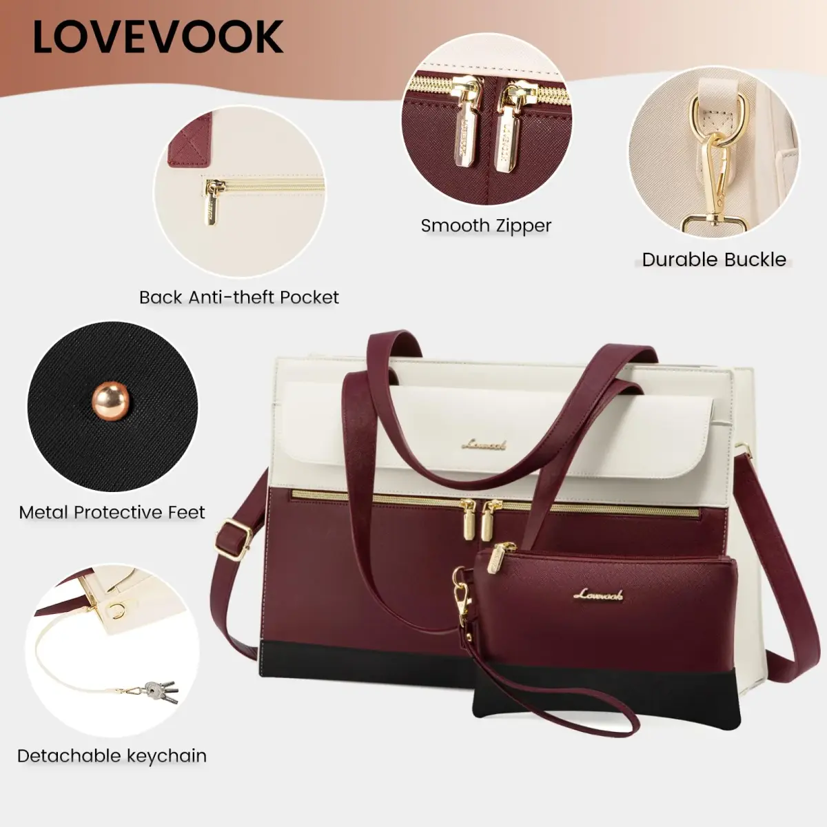 LOVEVOOK Laptop Tote Bag 15.6 Inch - Waterproof PU Leather Briefcase with Clutch | 39.4 cm (15.6 Inch) Laptop Compartment - view 4