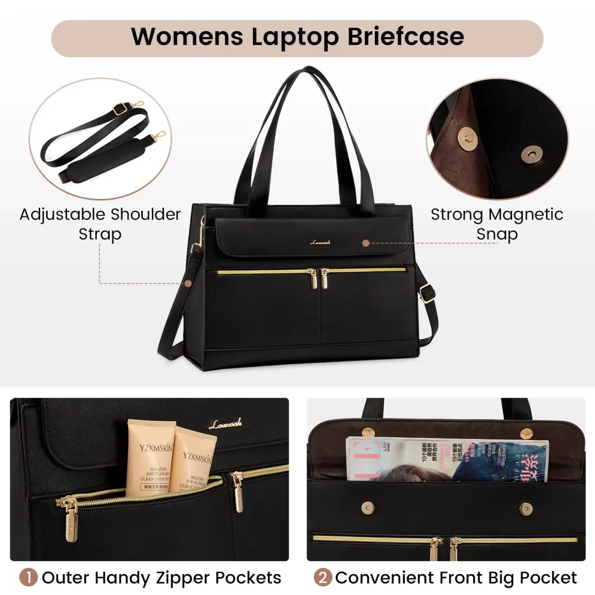 LOVEVOOK Laptop Tote Bag for Women - 15.6 Inch Professional PU Leather Briefcase | Waterproof, Large Capacity, Crossbody Purse - Black - view 5