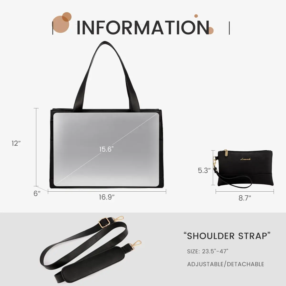LOVEVOOK Laptop Tote Bag for Women - 15.6 Inch Professional PU Leather Briefcase | Waterproof, Large Capacity, Crossbody Purse - Black - view 7