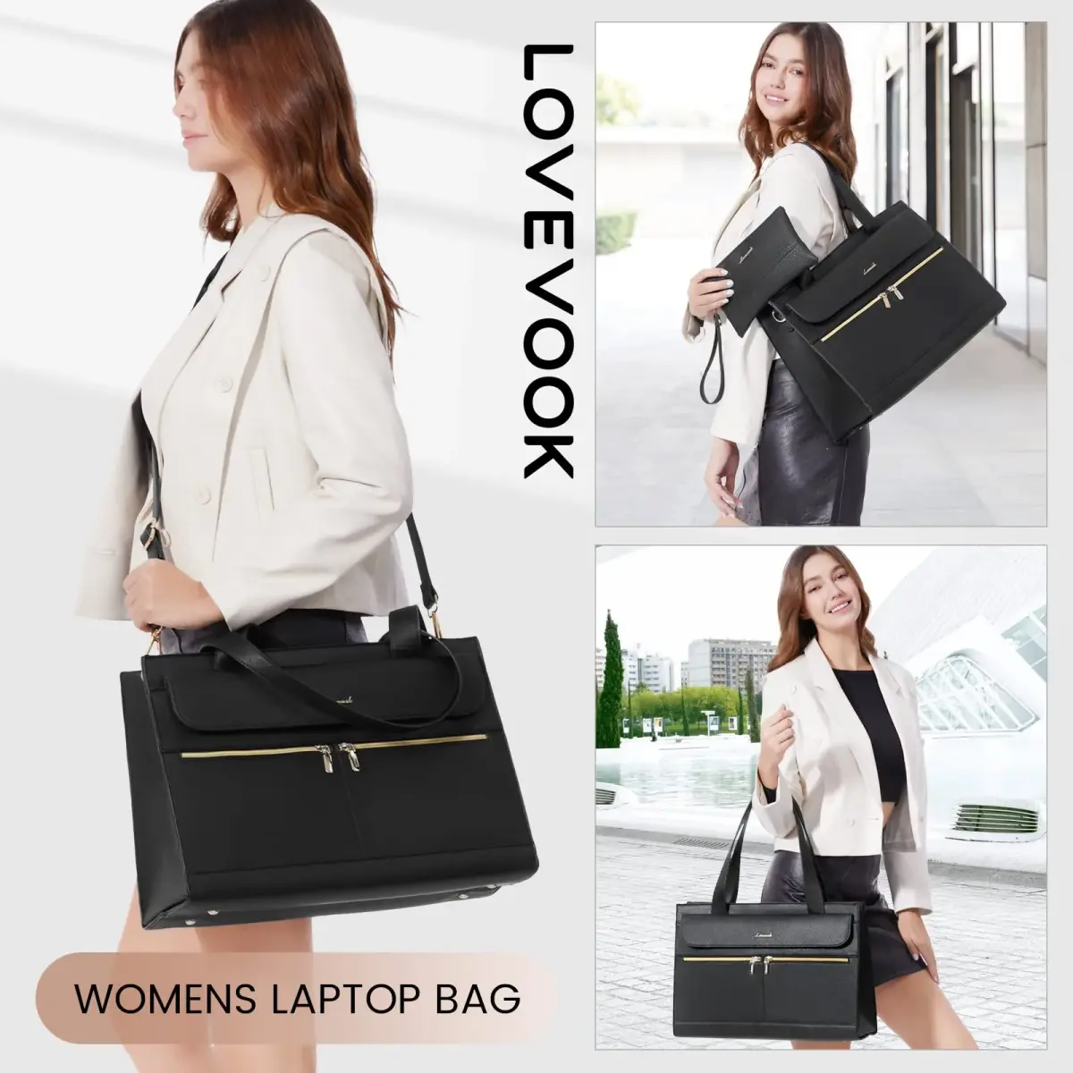 LOVEVOOK Laptop Tote Bag for Women - 15.6 Inch Professional PU Leather Briefcase | Waterproof, Large Capacity, Crossbody Purse - Black - view 2