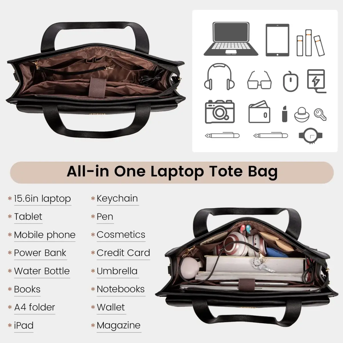 LOVEVOOK Laptop Tote Bag for Women - 15.6 Inch Professional PU Leather Briefcase | Waterproof, Large Capacity, Crossbody Purse - Black - view 3
