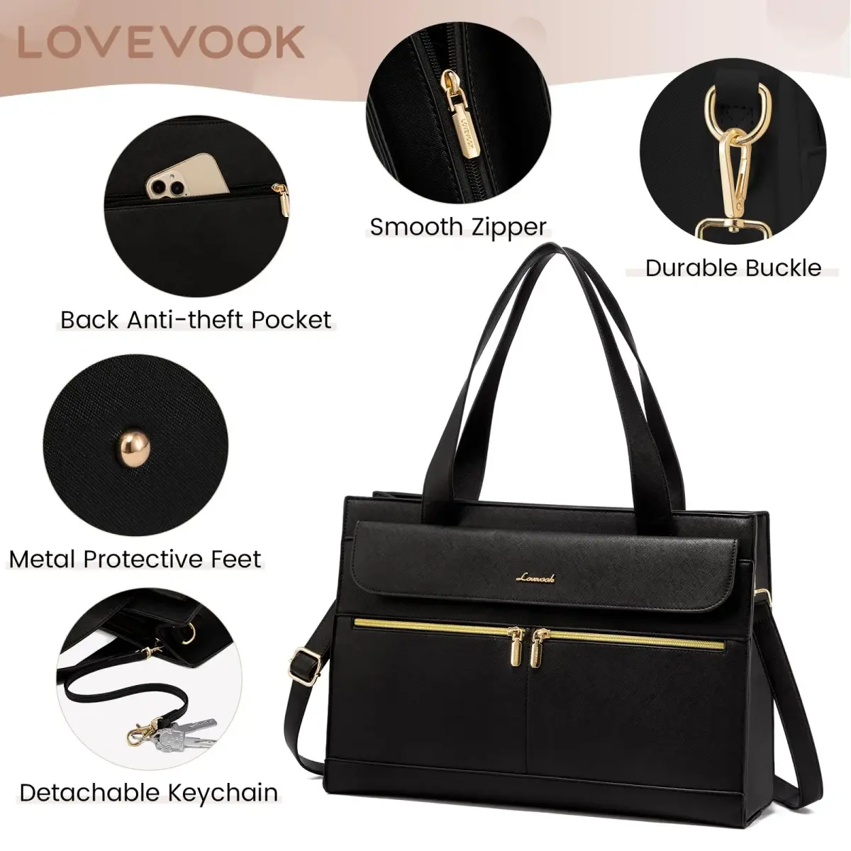 LOVEVOOK Laptop Tote Bag for Women - 15.6 Inch Professional PU Leather Briefcase | Waterproof, Large Capacity, Crossbody Purse - Black - view 4